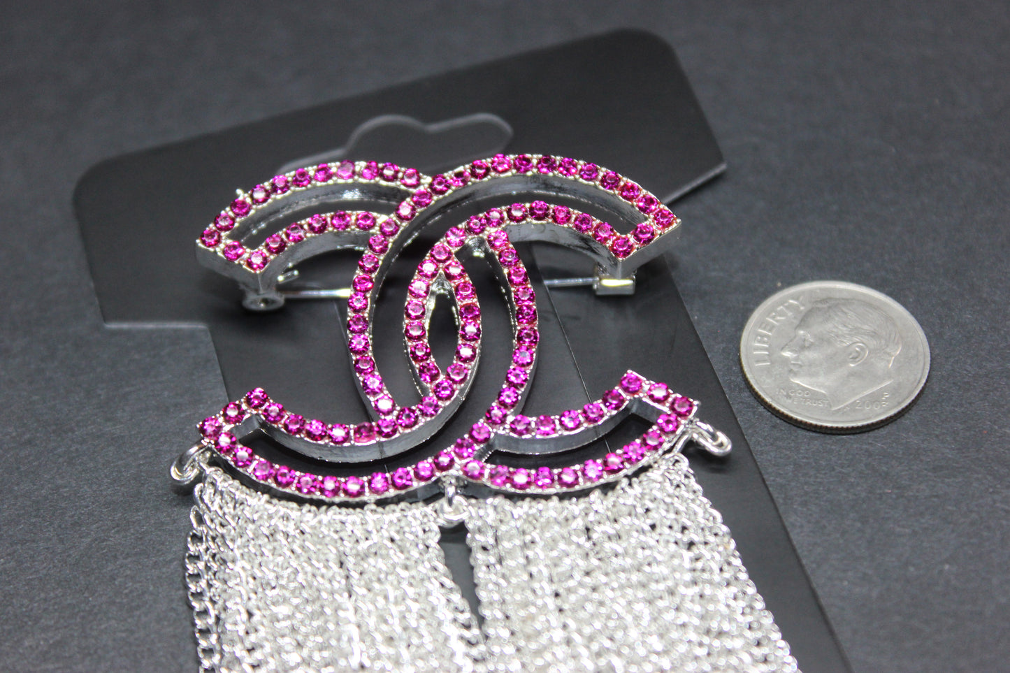 Hot Pink & Silver Rhinestone Chain Brooch Pin