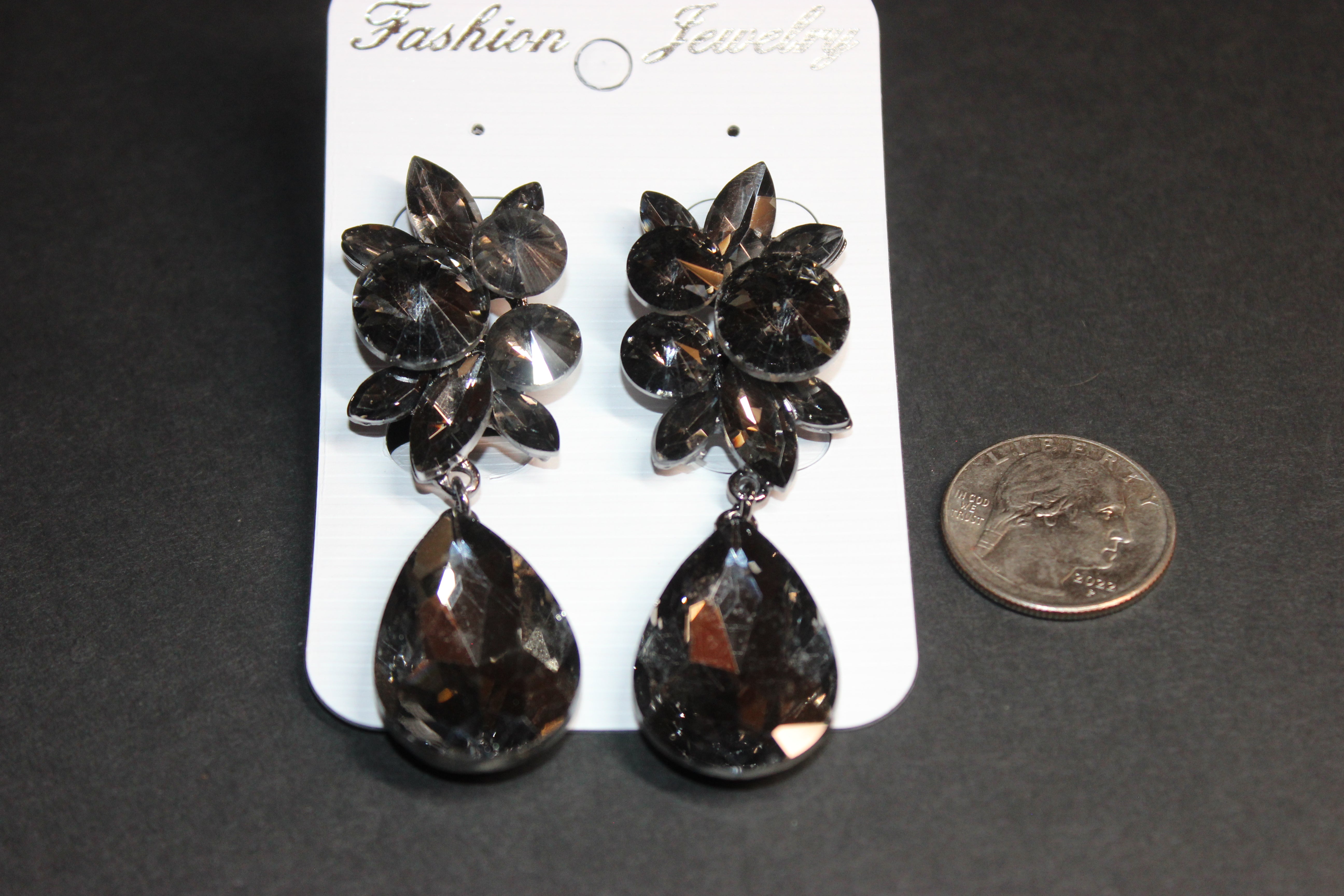 Clip On Smoke Grey Crystal Pineapple Drop Earrings