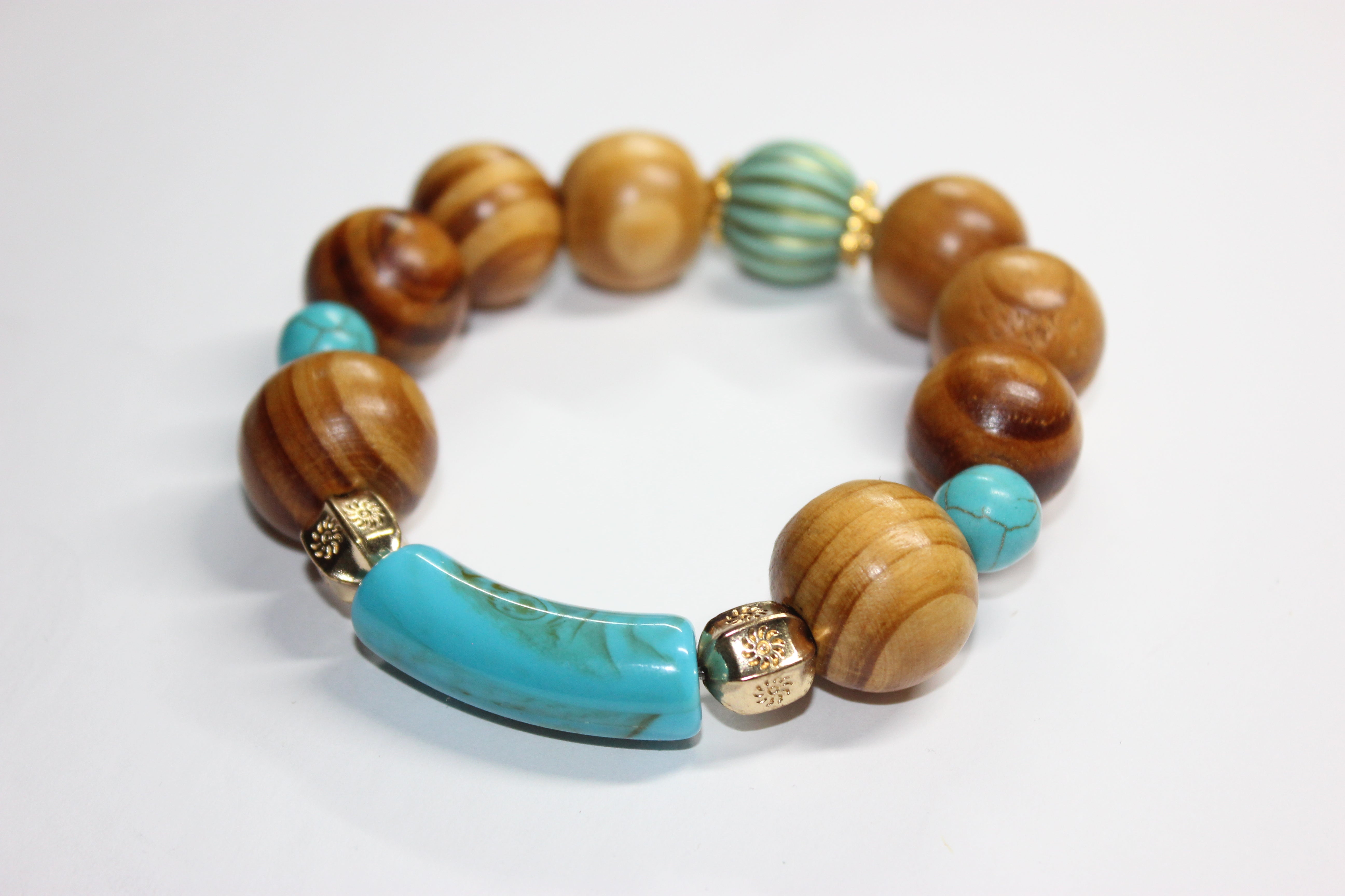 Wood Turquoise w/ Gold Beaded Bracelet