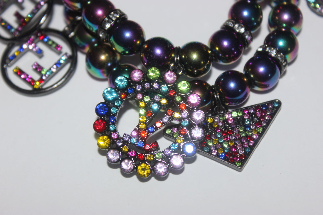 2 Piece Multicolored Gemstone Beaded Bracelet with Rhinestone Charms