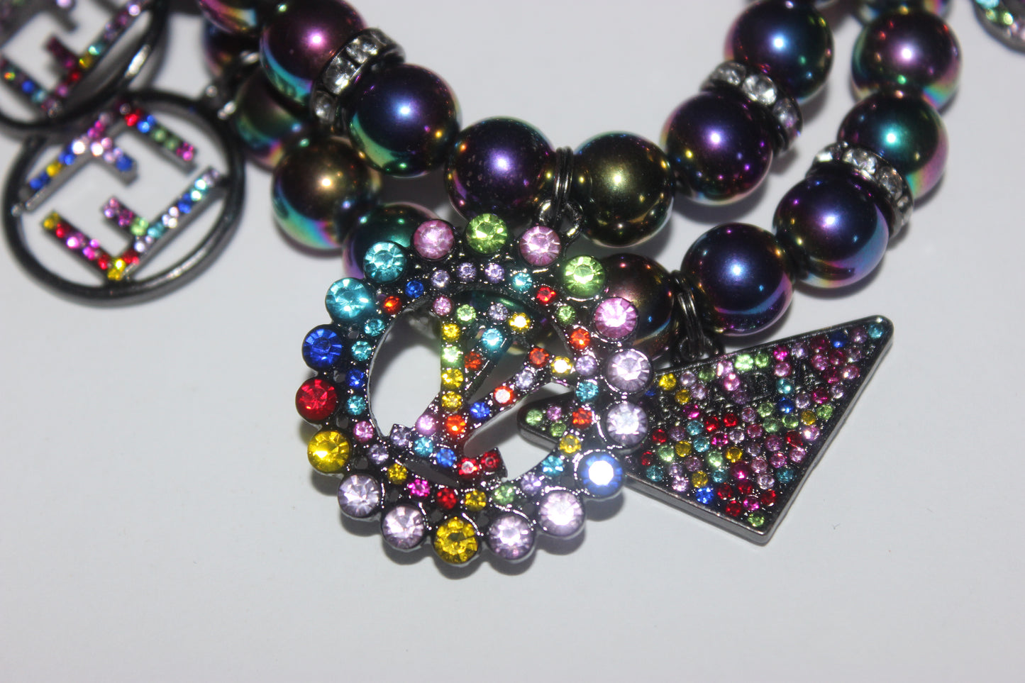 2 Piece Multicolored Gemstone Beaded Bracelet with Rhinestone Charms