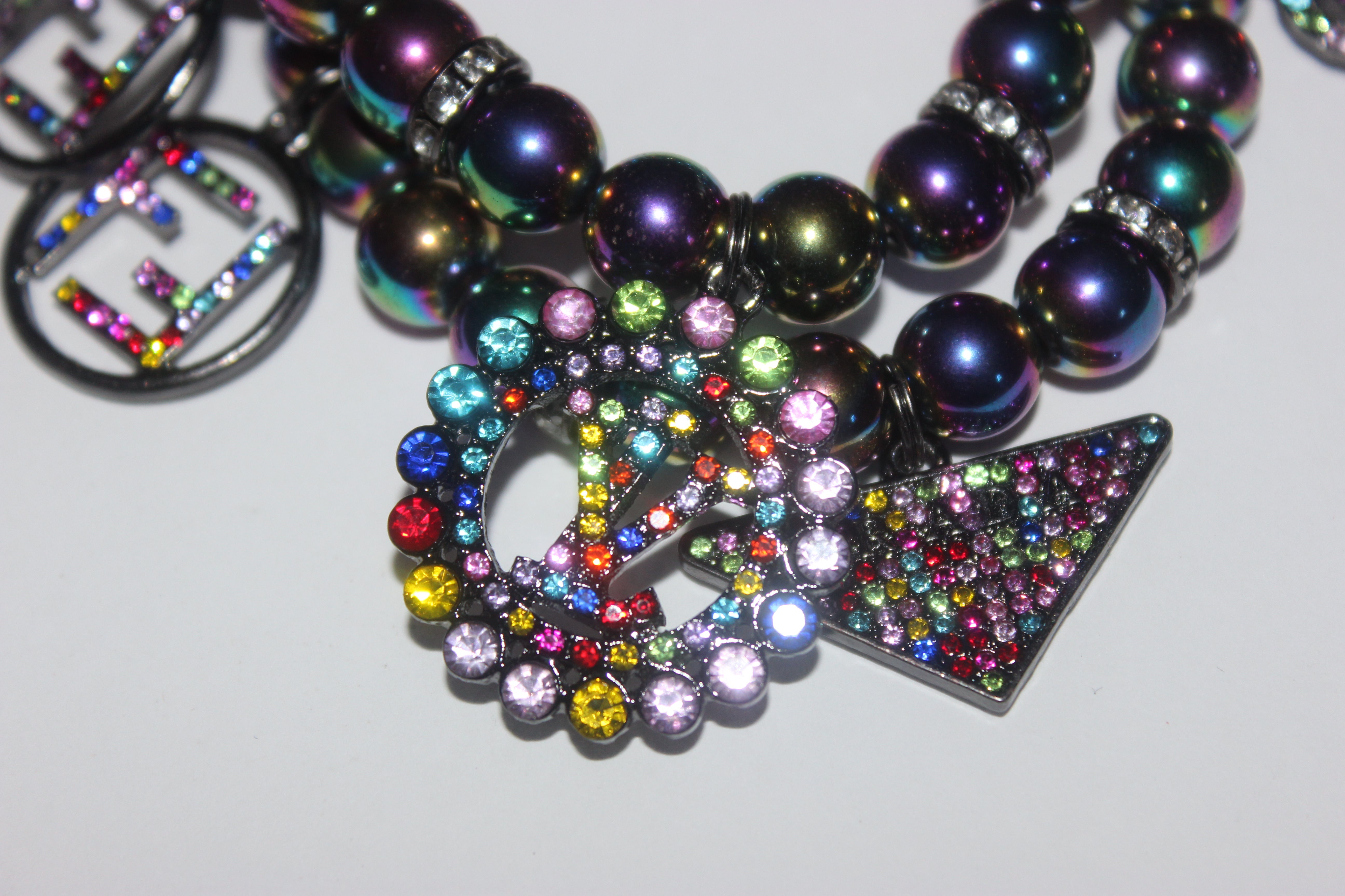2 Piece Multicolored Gemstone Beaded Bracelet with Rhinestone Charms