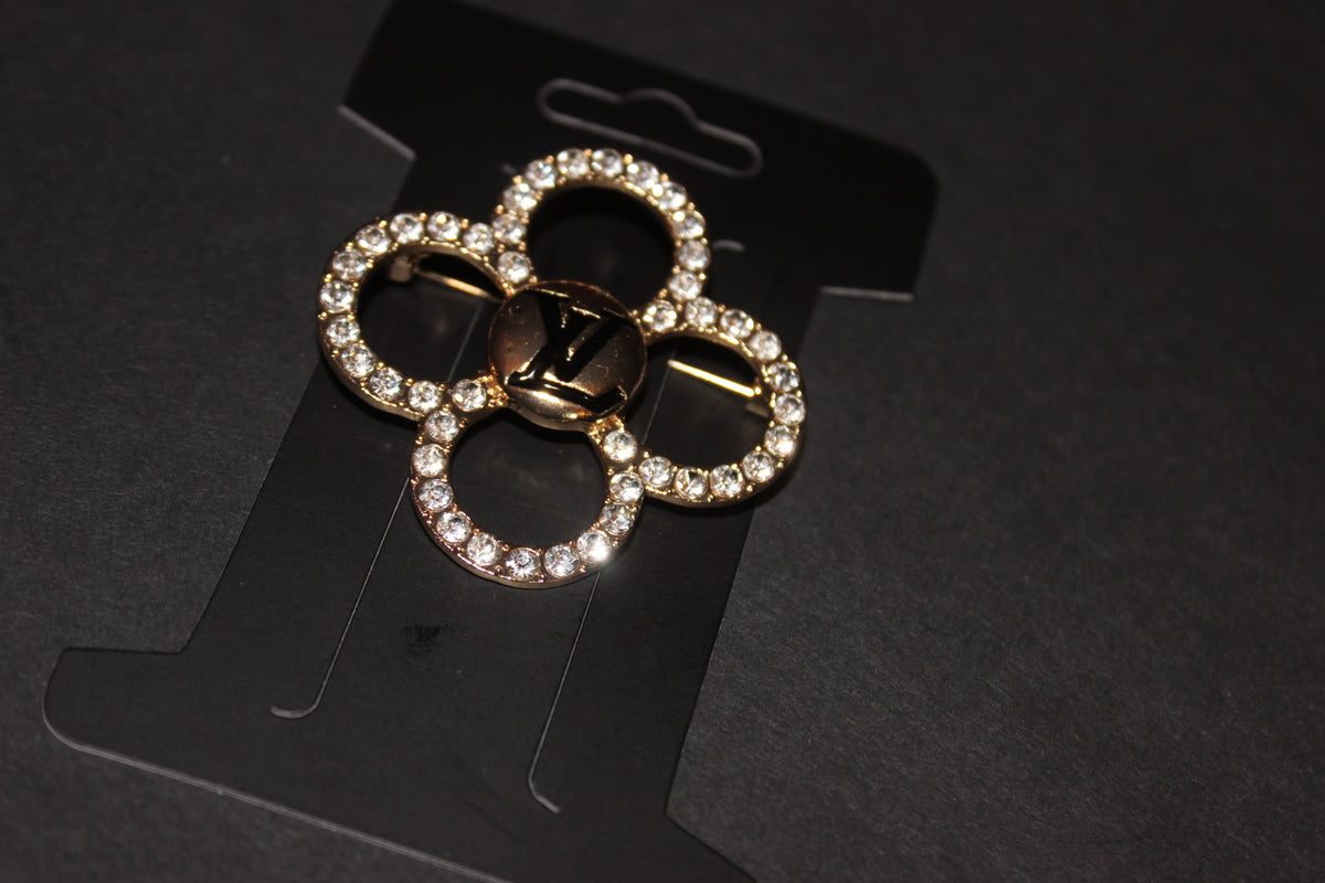 Rhinestone Black & Gold Brooch Pin