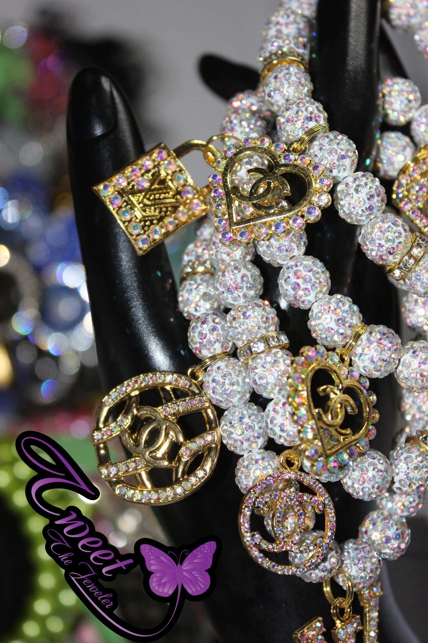 4 Piece Iridescent & White w/Gold Charm Bracelet Set