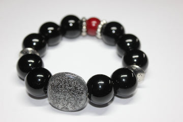 Black Grey & Red Large Beaded Bracelet