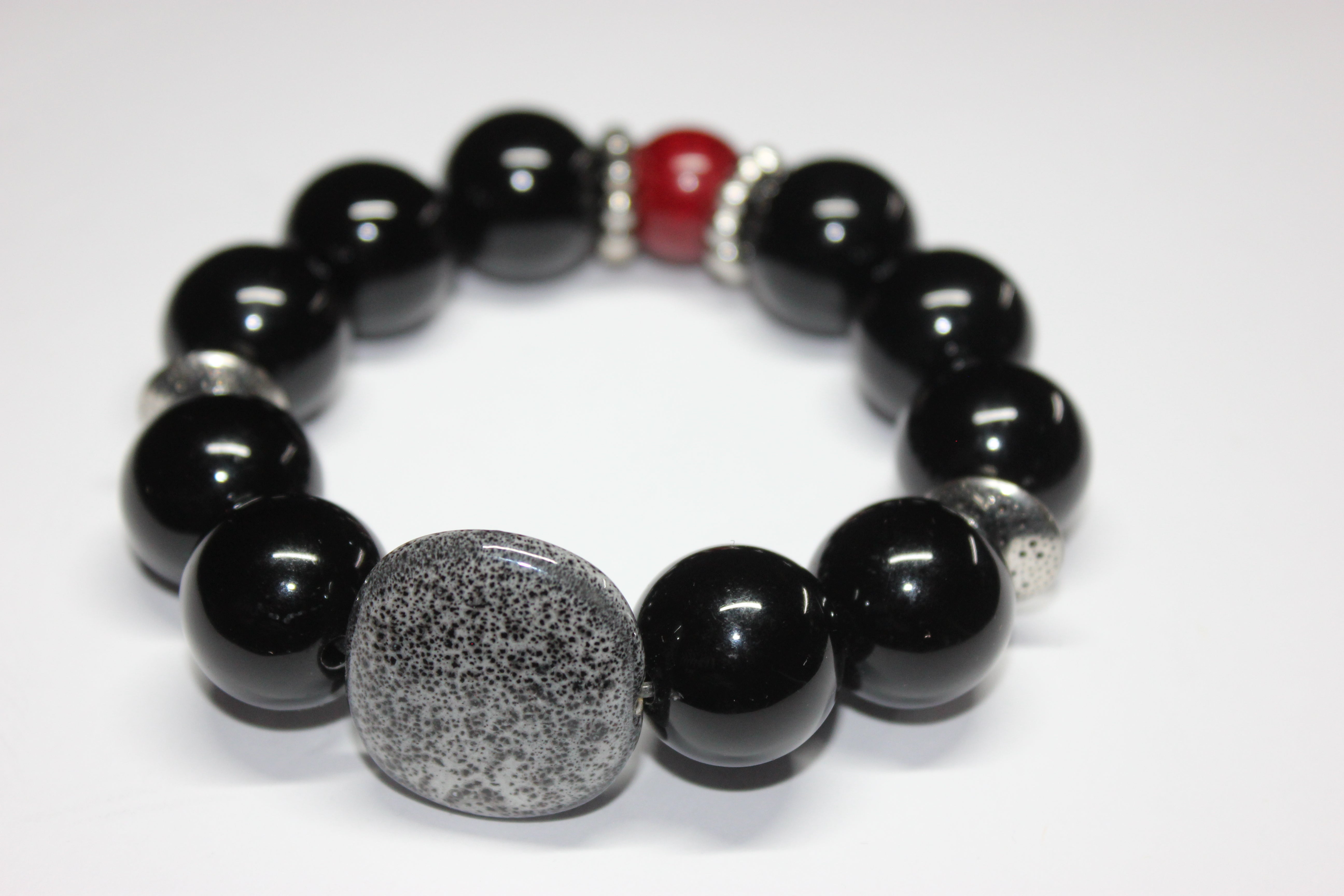 Black Grey & Red Large Beaded Bracelet