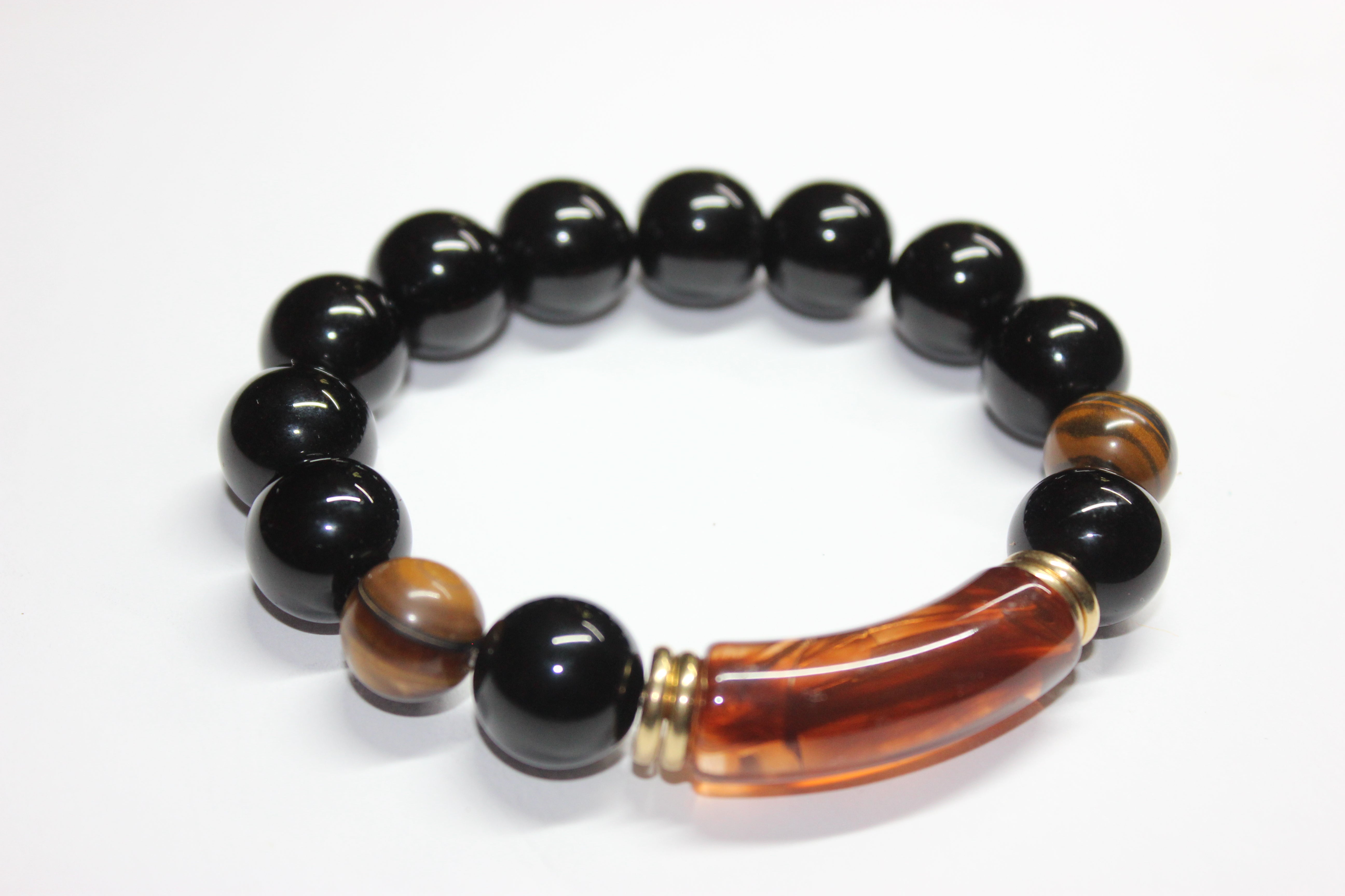 Black Topaz & Brown Tiger Eye Beaded Bracelet w/ Gold