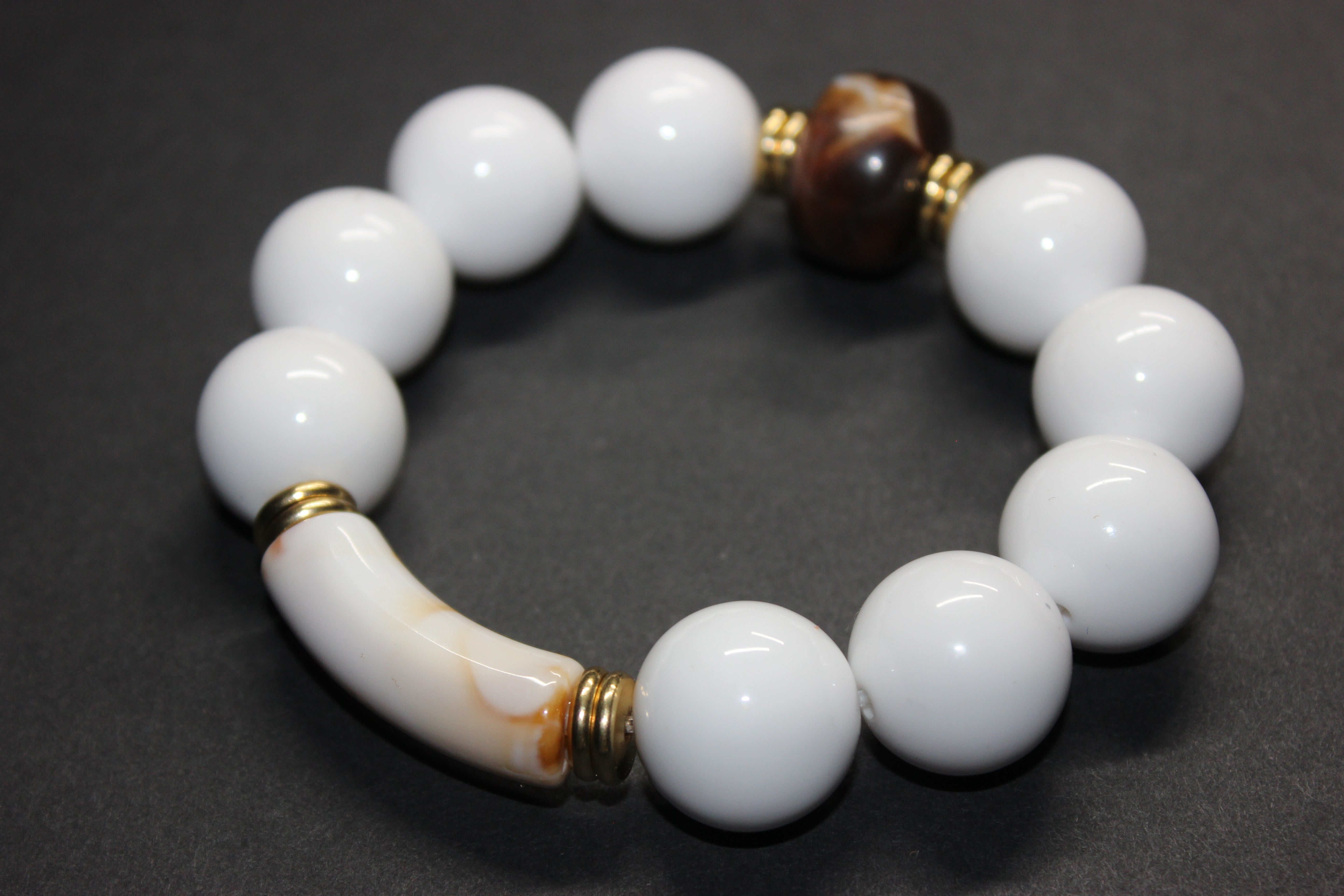 White Brown & Gold Large Beaded Bracelet