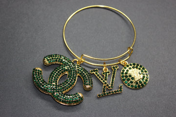 Hunter Green & Gold Rhinestone Charm Bangle