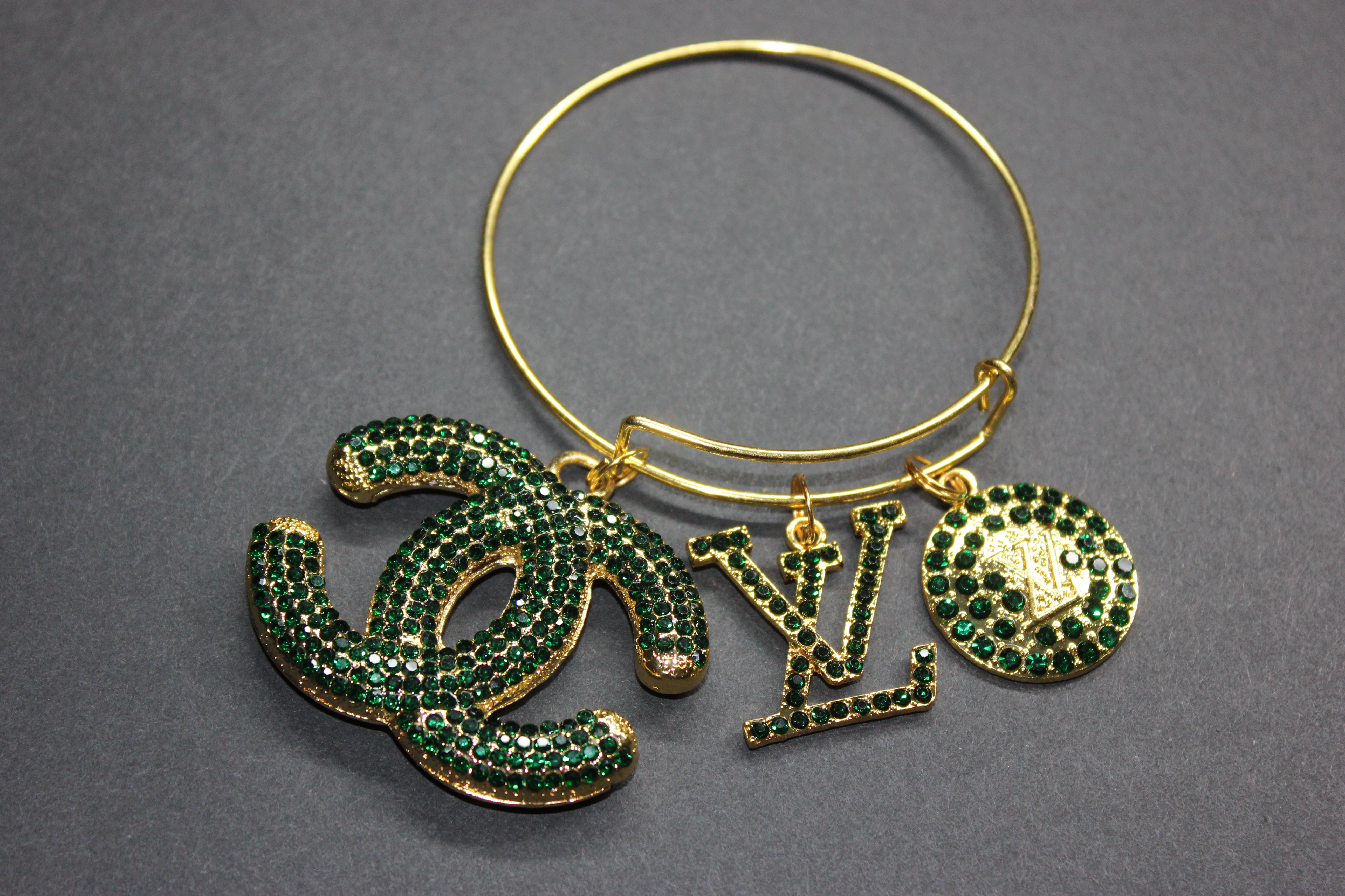 Hunter Green & Gold Rhinestone Charm Bangle