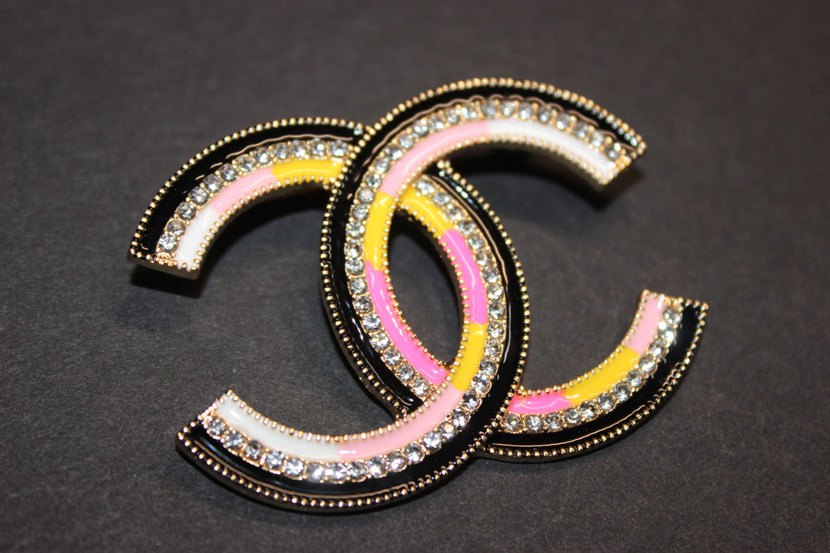 Pink/Yellow/Black/White Brooch Pin w GOLD