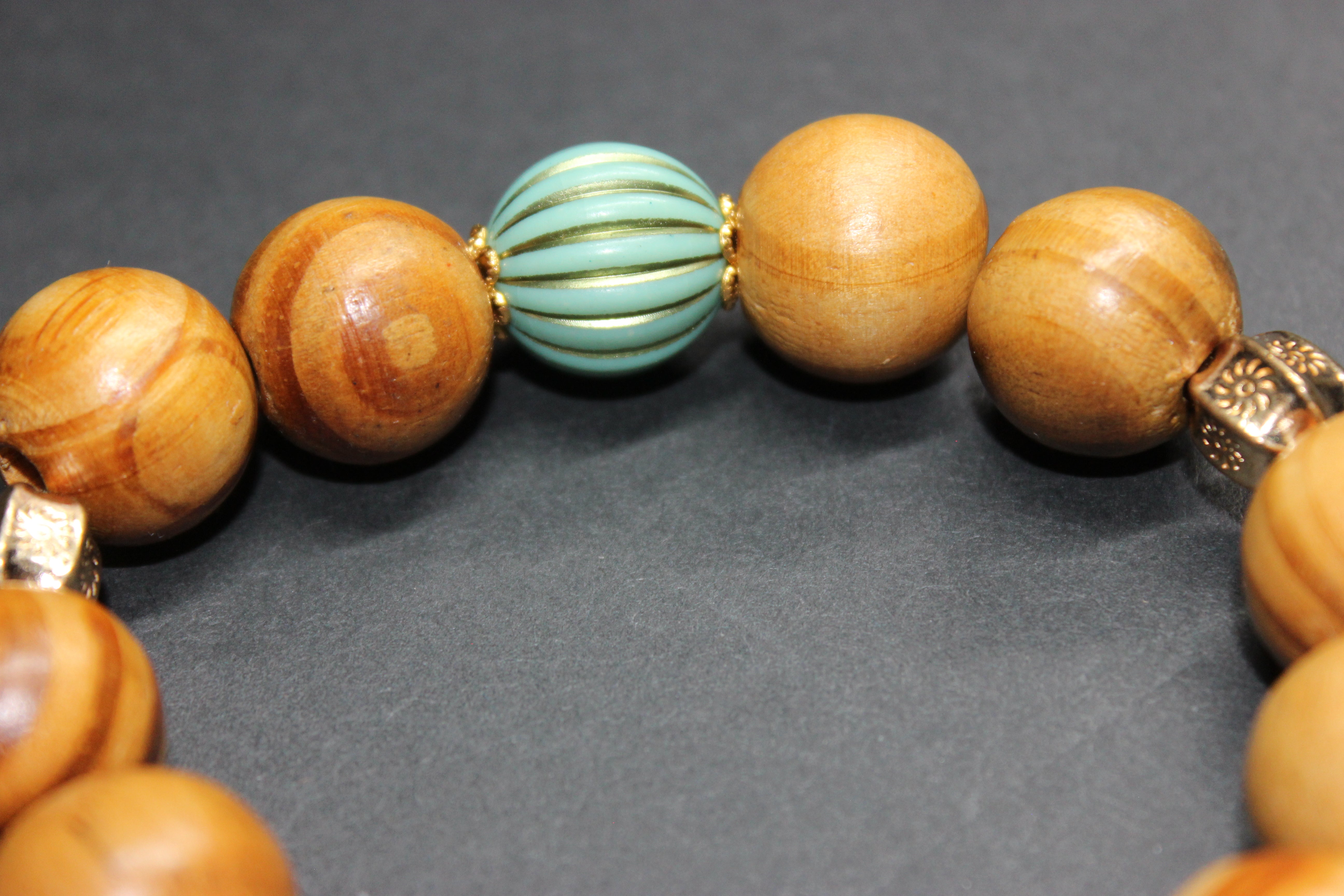 Turquoise W/Gold Wood Beaded Large Bracelet