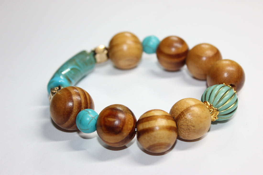 Wood Turquoise w/ Gold Beaded Bracelet