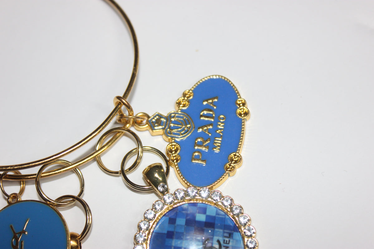 Gold & Blue Charm Bangle Bracelet