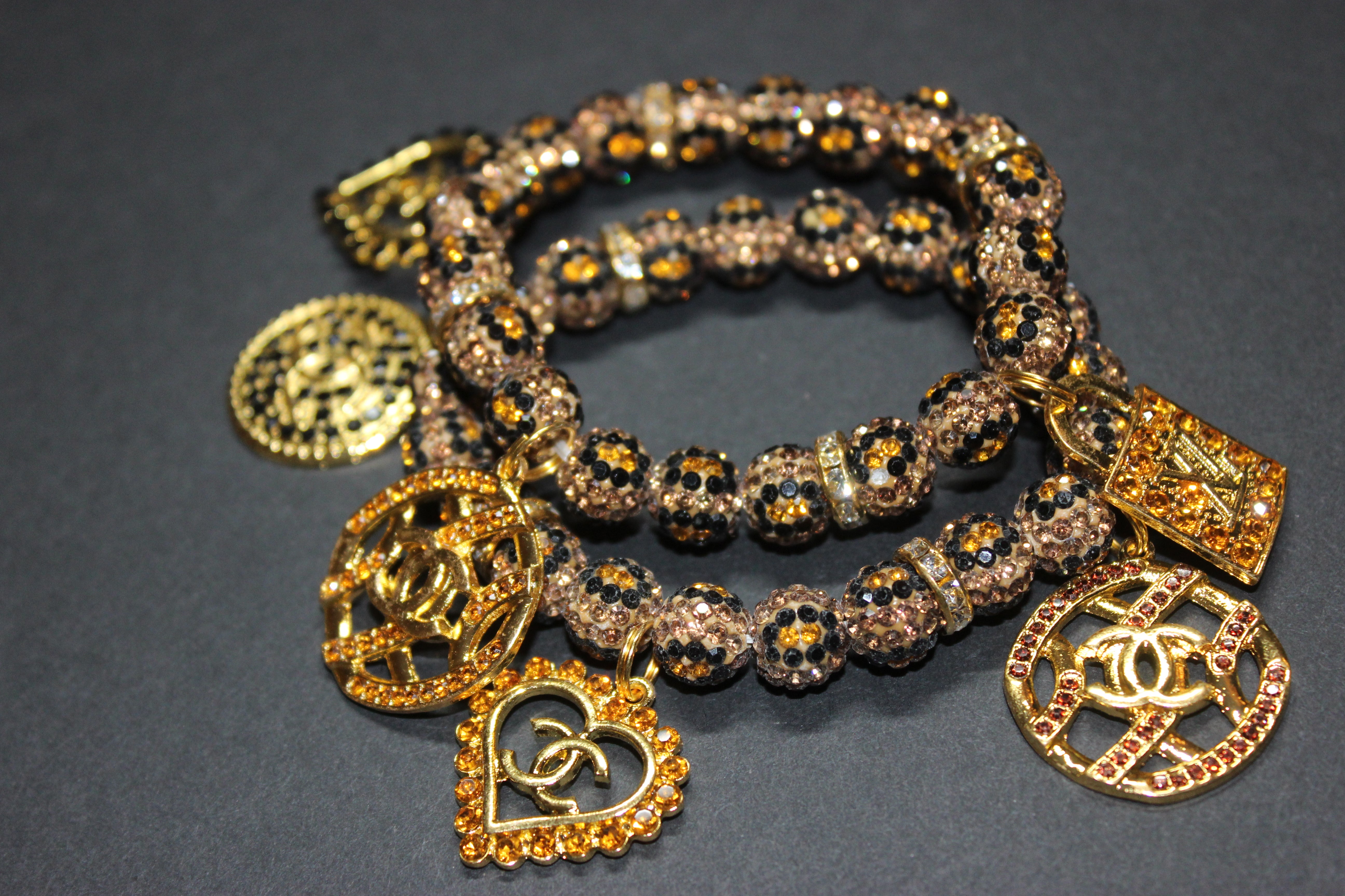 Topaz & Gold Animal Print 2 Piece Rhinestone  Charm Bracelet Set