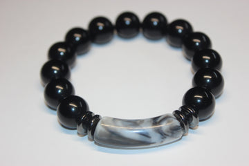 Black with Grey/White Marble Gemstone Beaded Bracelet