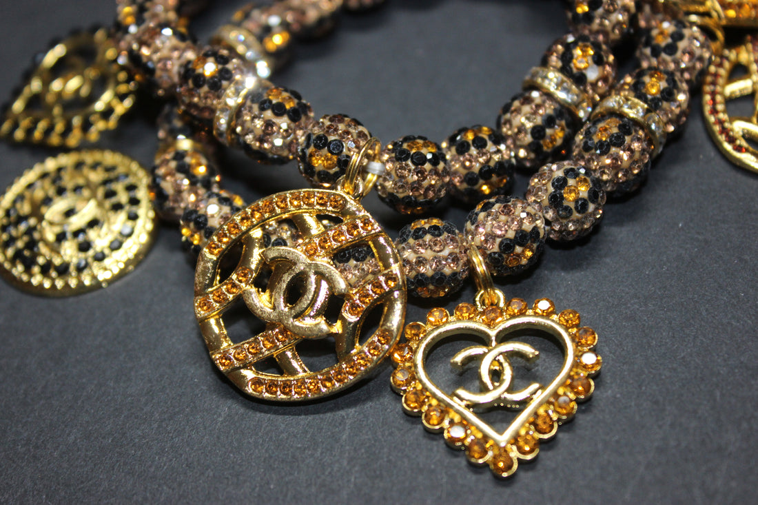 Topaz & Gold Animal Print 2 Piece Rhinestone  Charm Bracelet Set