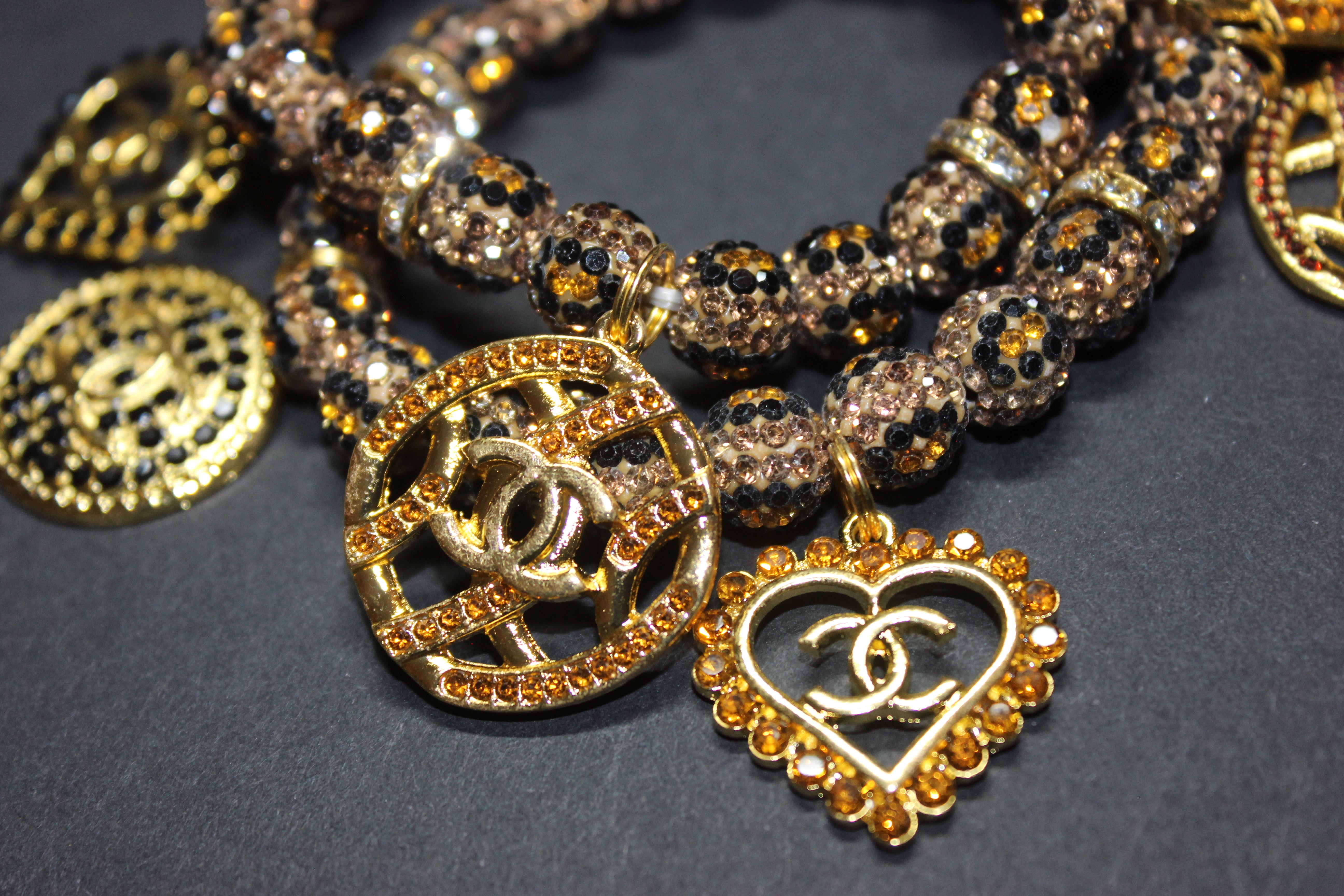 Topaz & Gold Animal Print 2 Piece Rhinestone  Charm Bracelet Set
