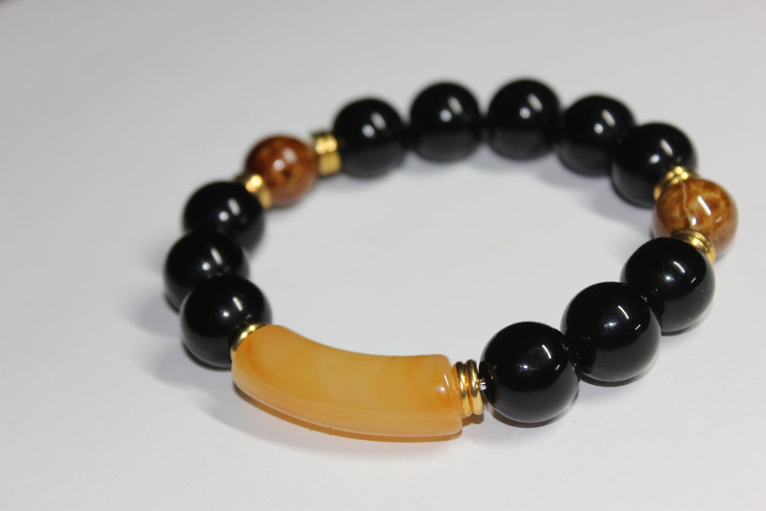 Black Topaz & Brown w/ Gold Beaded Bracelet