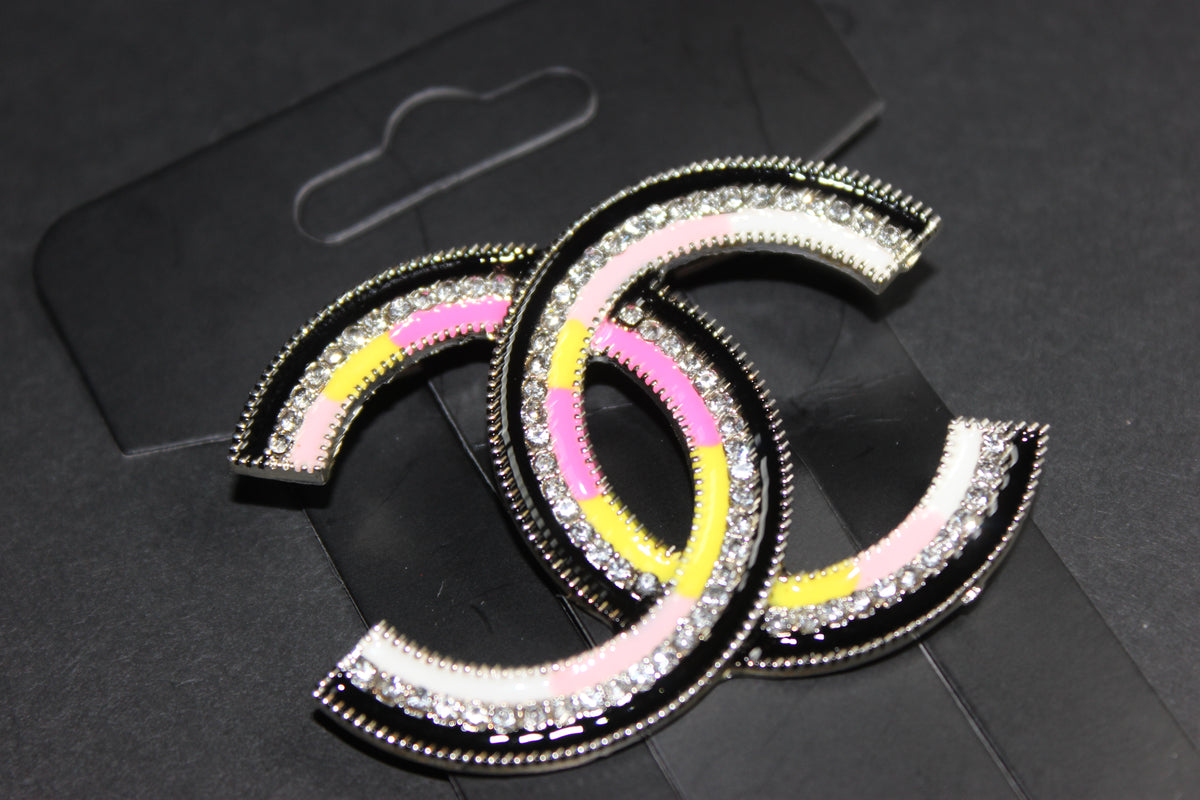 Black/Pink/Yellow/White Rhinestone Brooch Pin w/ SILVER