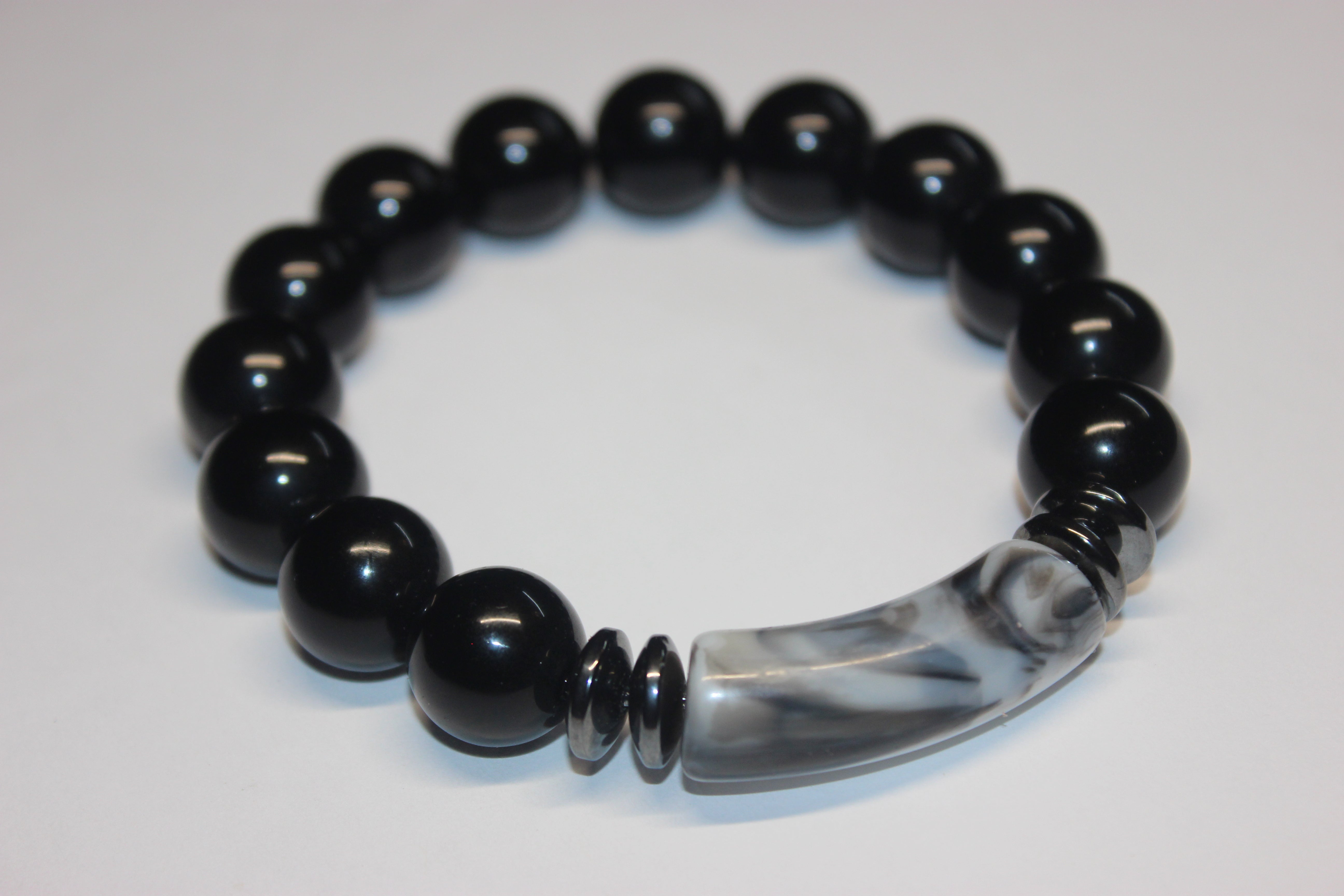 Black with Grey/White Marble Gemstone Beaded Bracelet