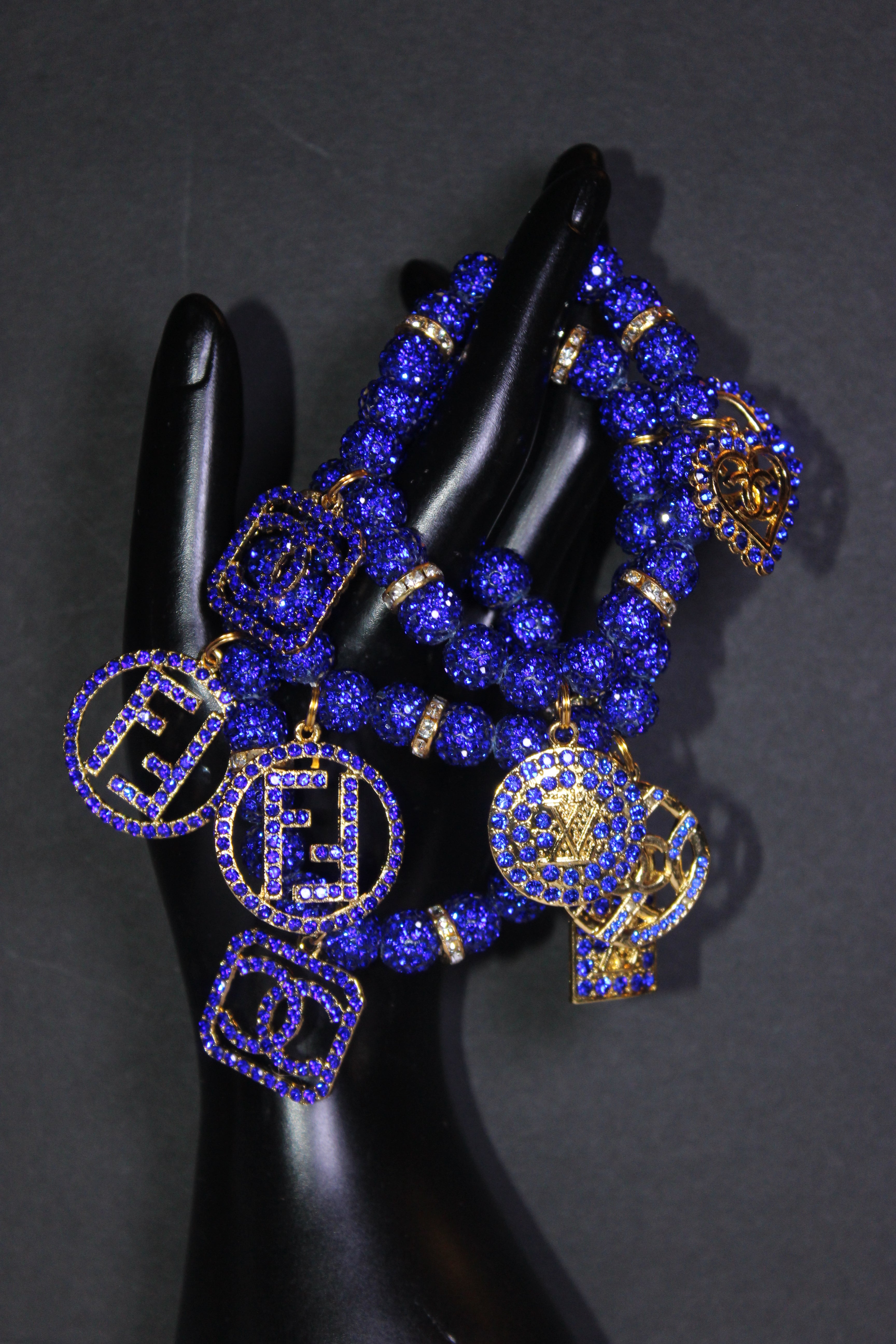 3 Piece Royal Blue & Gold Rhinestone Charm Bracelet Set