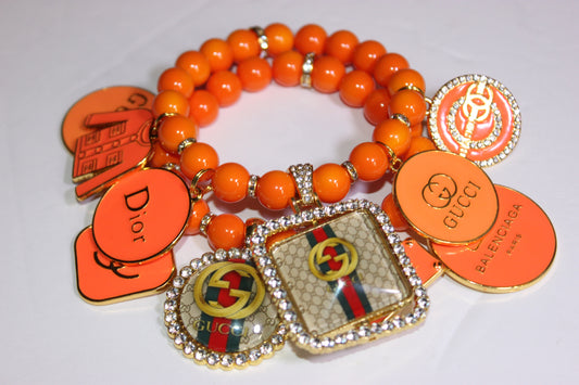 2 Piece Orange & Gold Luxury Beaded Charm Bracelet Set