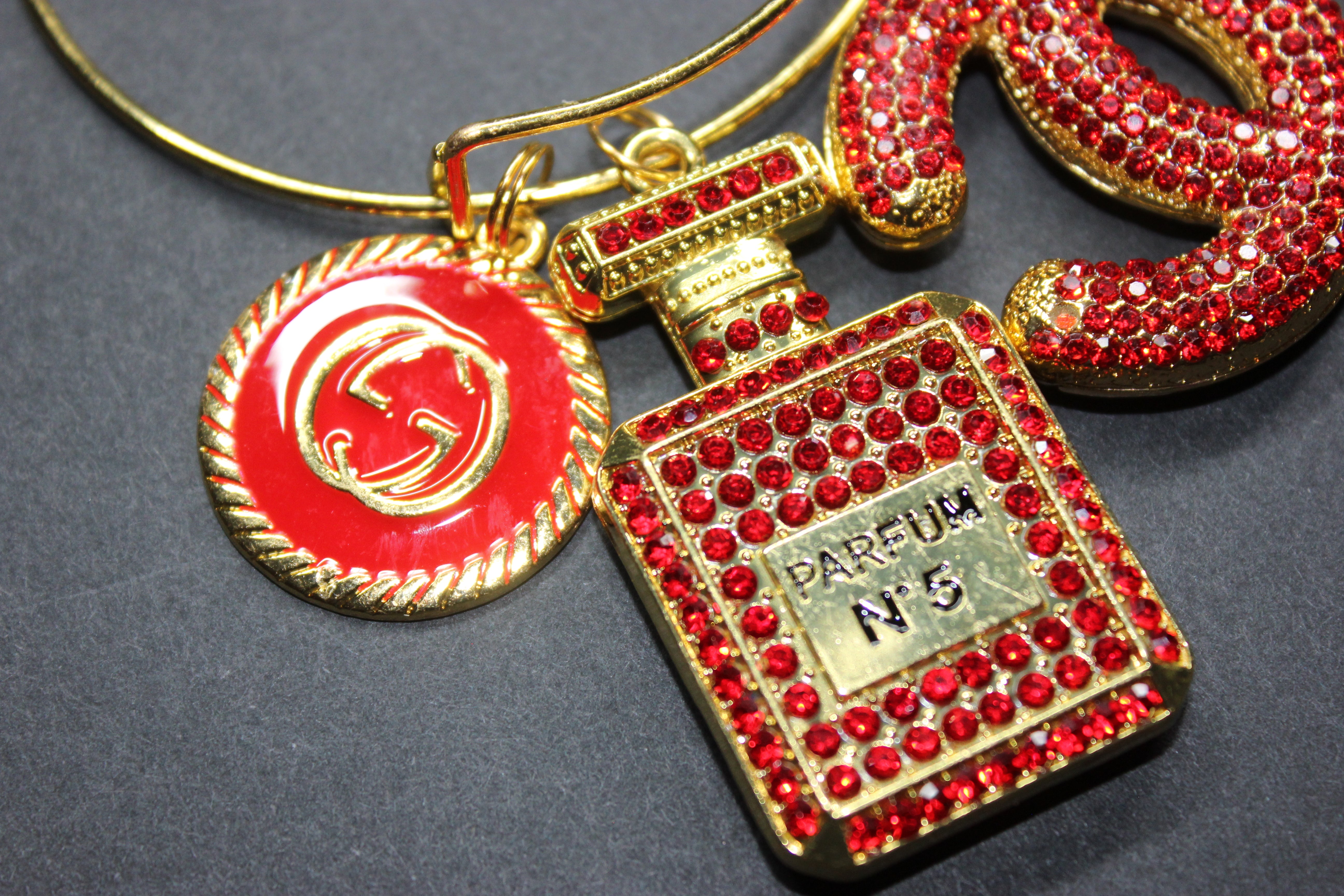 Red & Gold Rhinestone Charm Bangle Bracelet