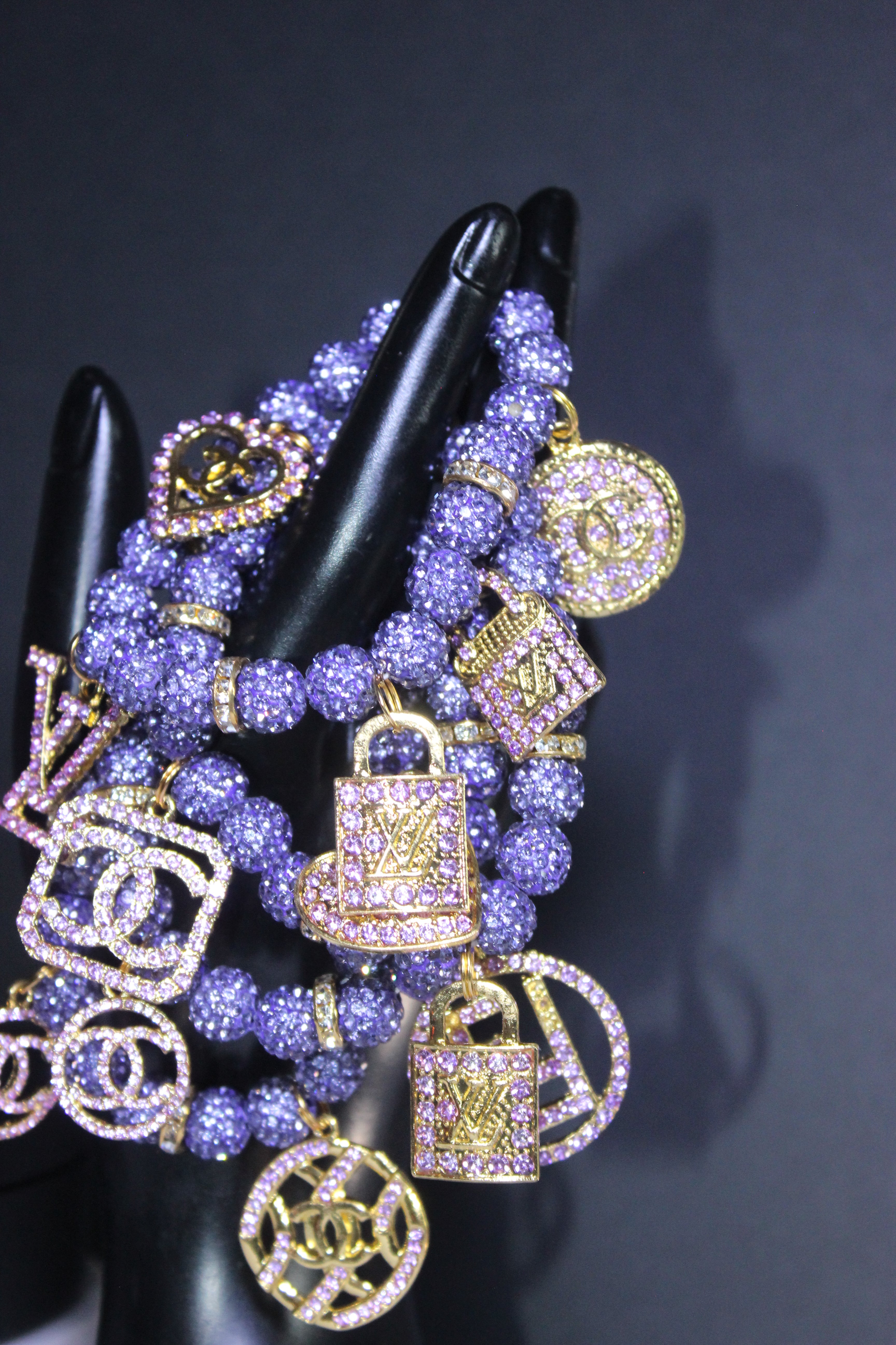 4 Piece Purple & Gold Rhinestone Charm Bracelet Set