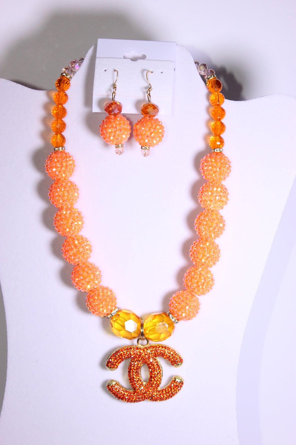 Shades Of Orange & Gold Rhinestone Charm Necklace & Earrings Set