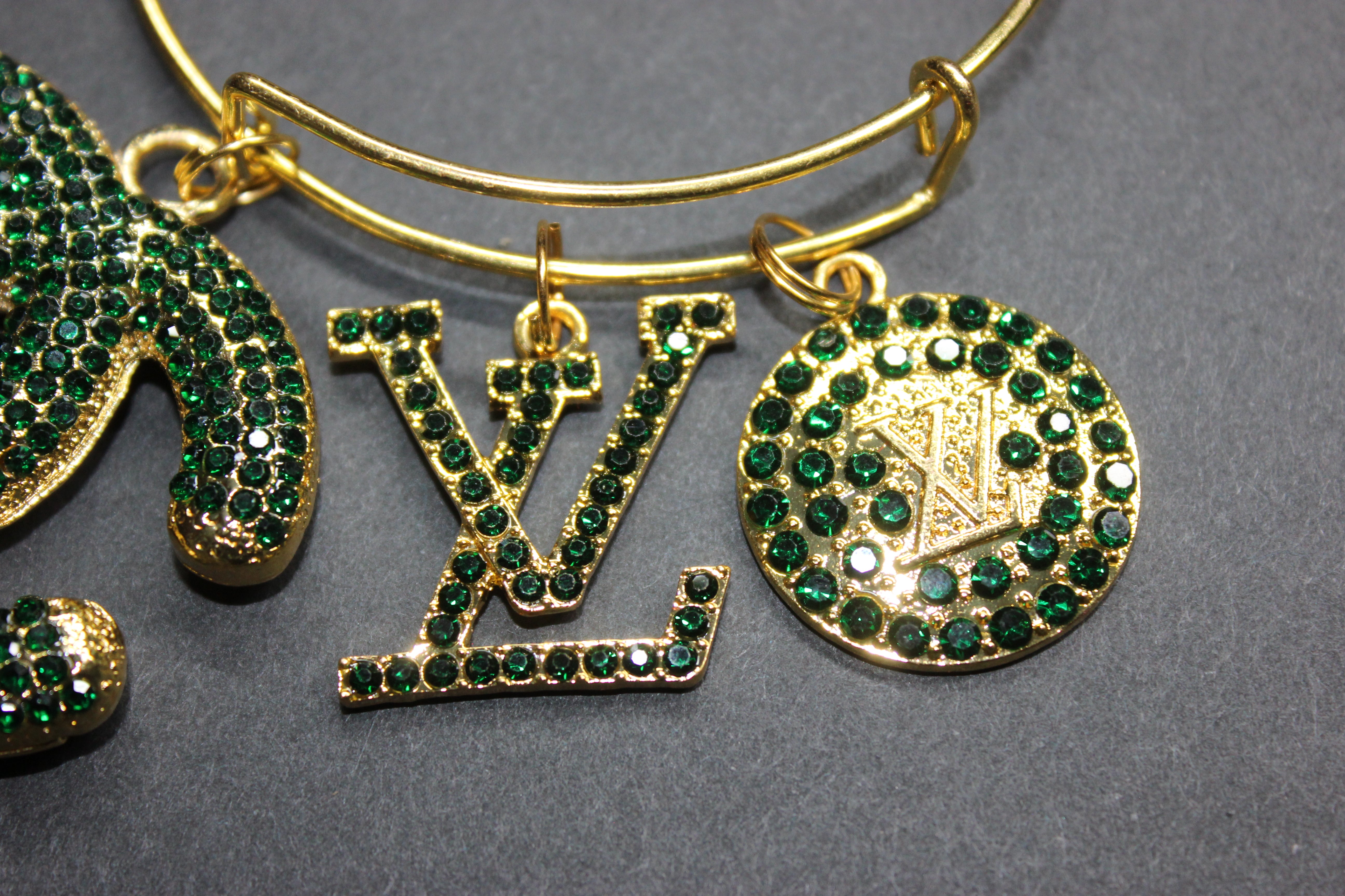 Hunter Green & Gold Rhinestone Charm Bangle