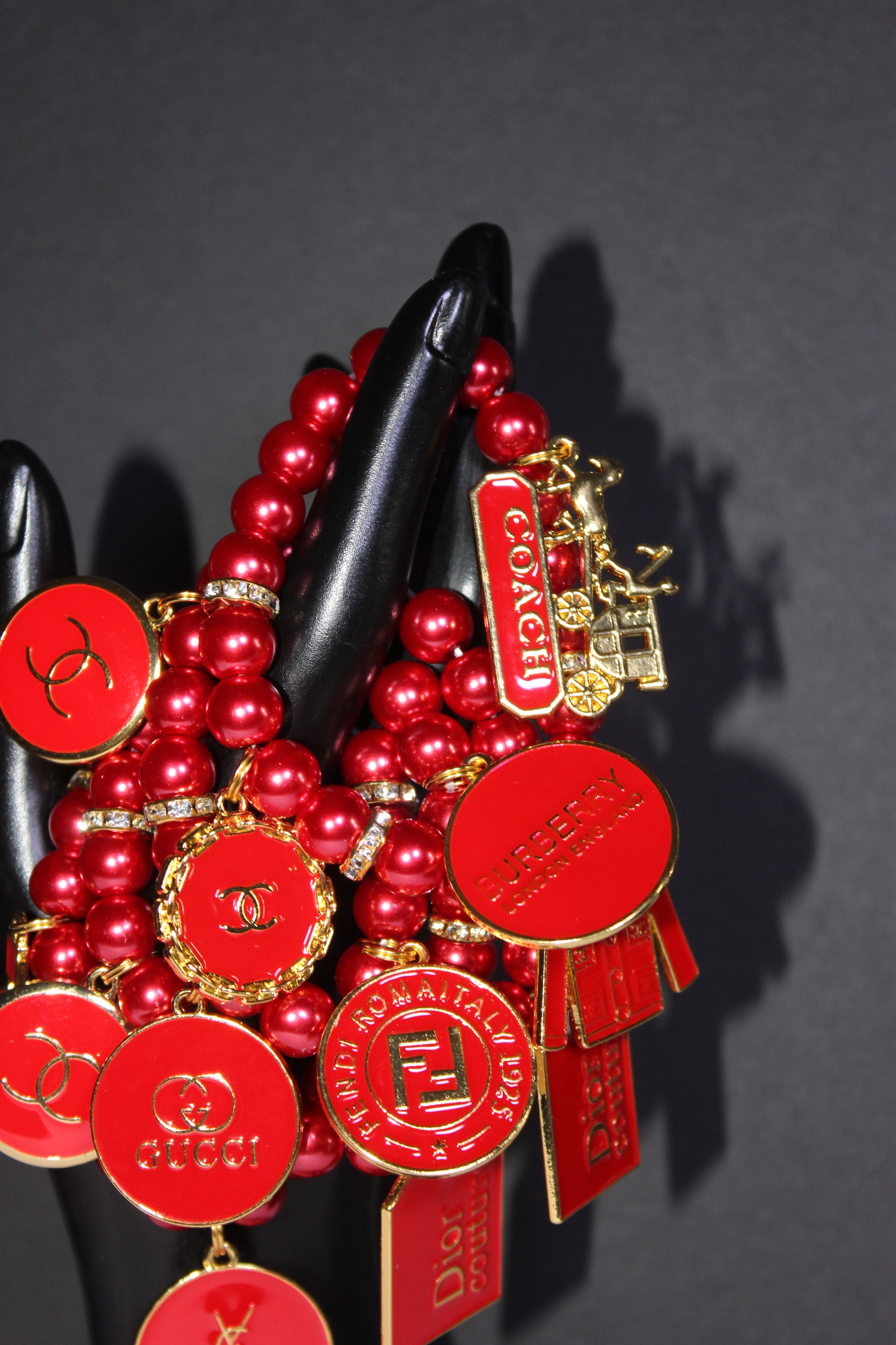 4 Piece Red & Gold Pearl Charm Bracelet Set