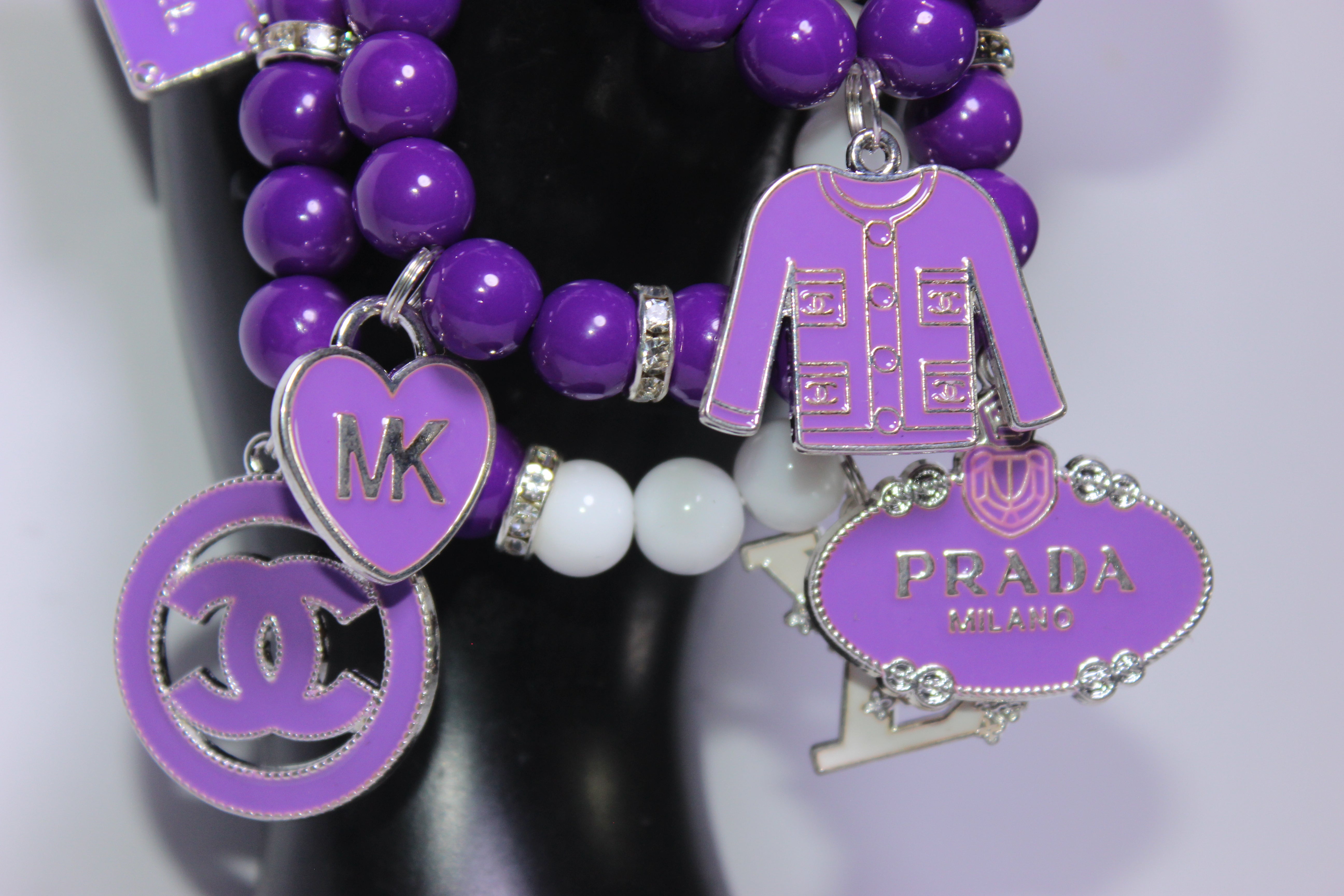 Purple & White w/ Silver 3 Piece Beaded Charm Bracelet Set