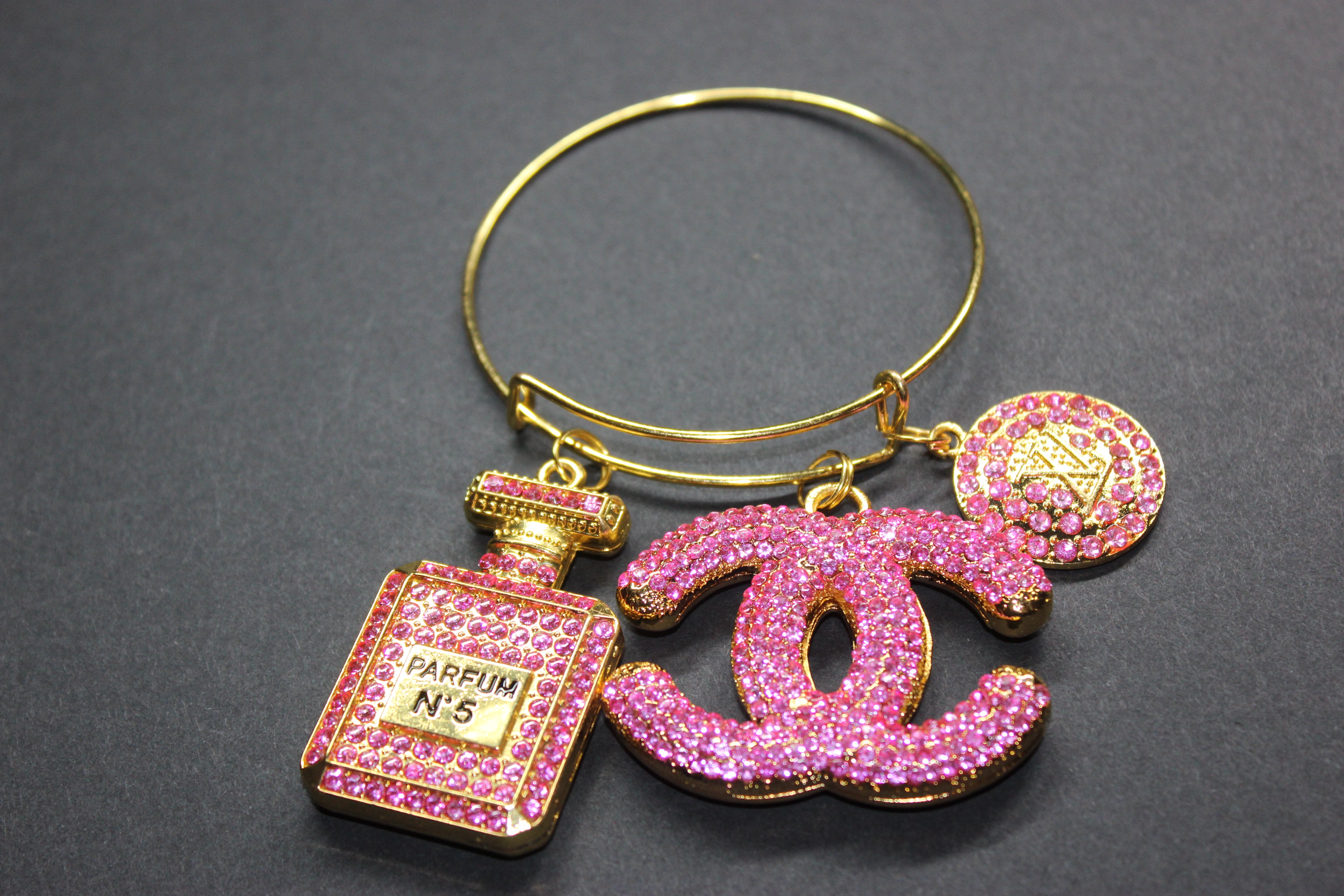 Pink & Gold Rhinestone Charm Bangle Bracelet