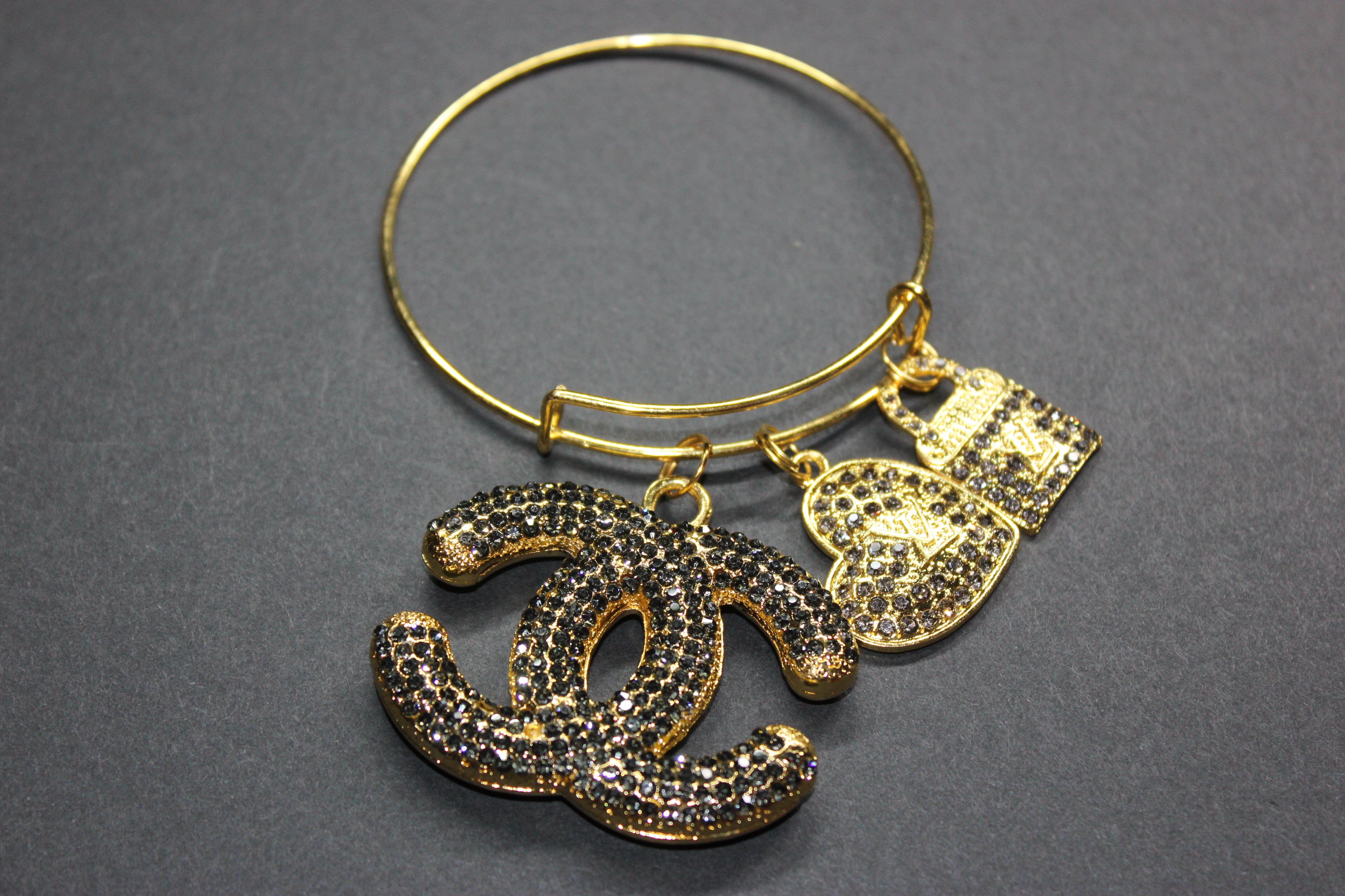 Grey & Gold Rhinestone Charm Bangle