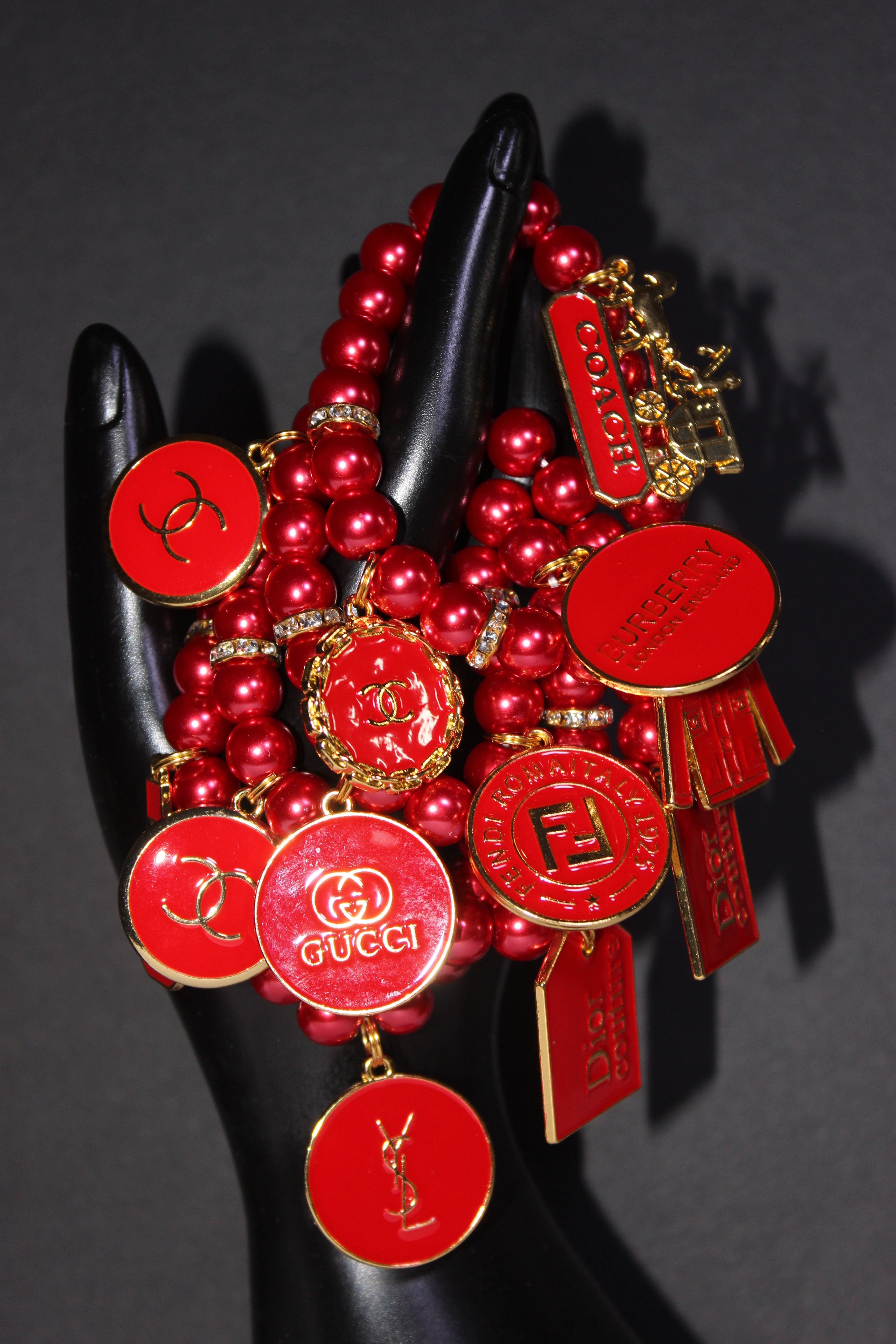4 Piece Red & Gold Pearl Charm Bracelet Set