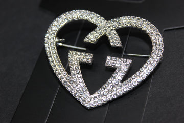 Silver Rhinestone Heart Brooch Pin