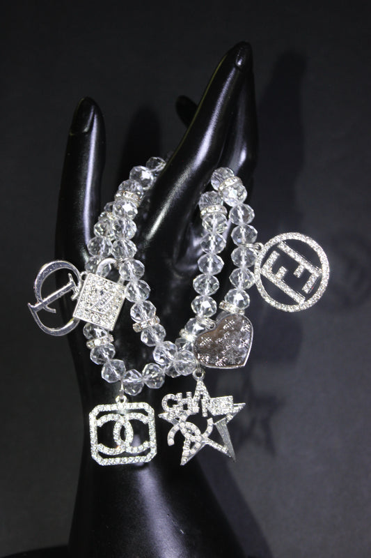 2 Piece Clear & Silver Crystal Charm Bracelet Set