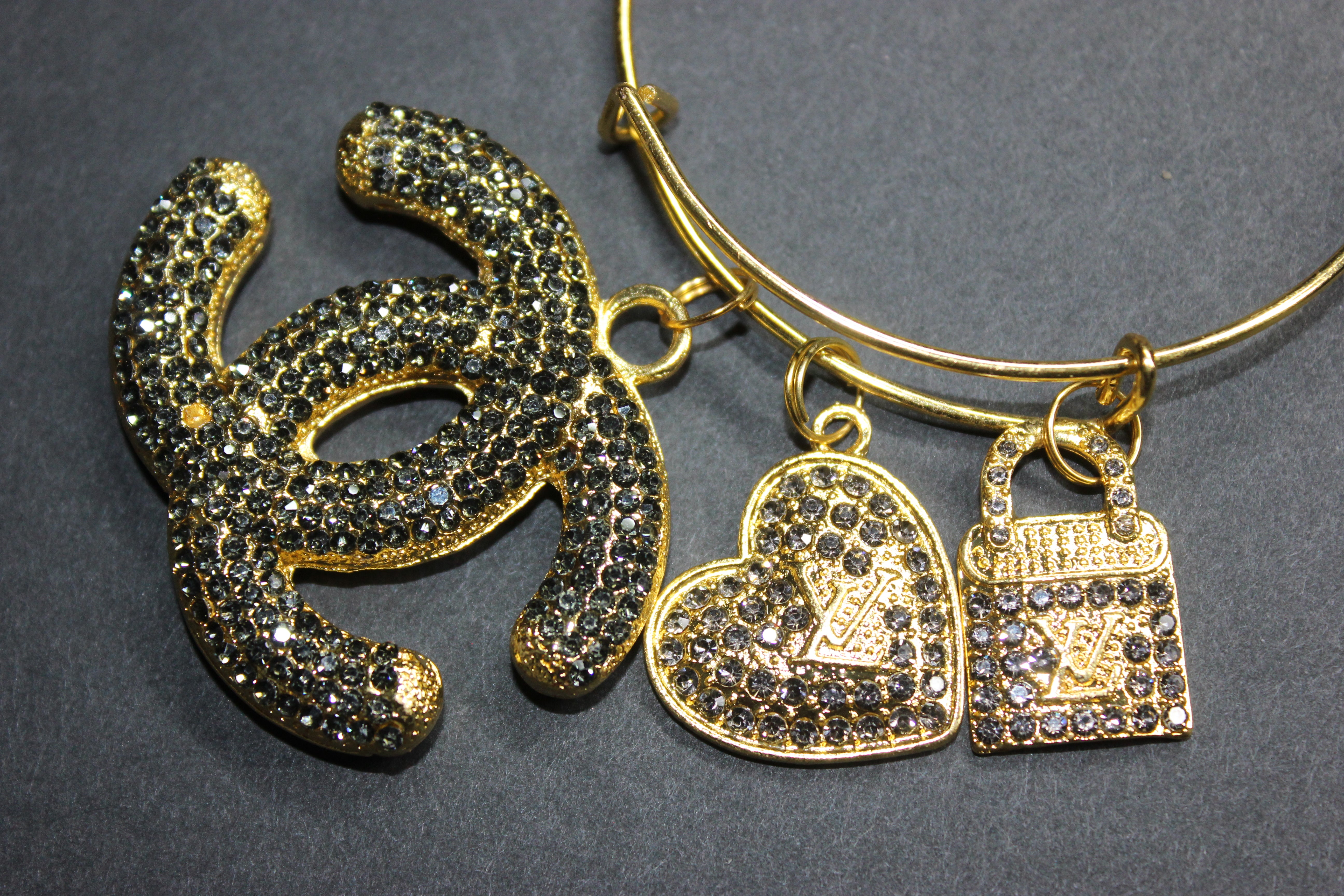 Grey & Gold Rhinestone Charm Bangle