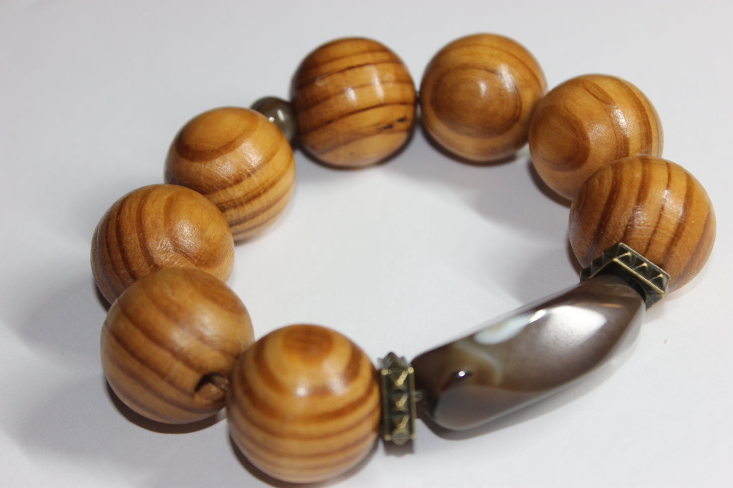Brown Marble Smooth Stone Large Wood Beaded Bracelet