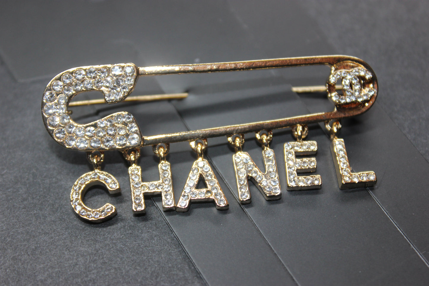 Gold Rhinestone Safety Pin Brooch
