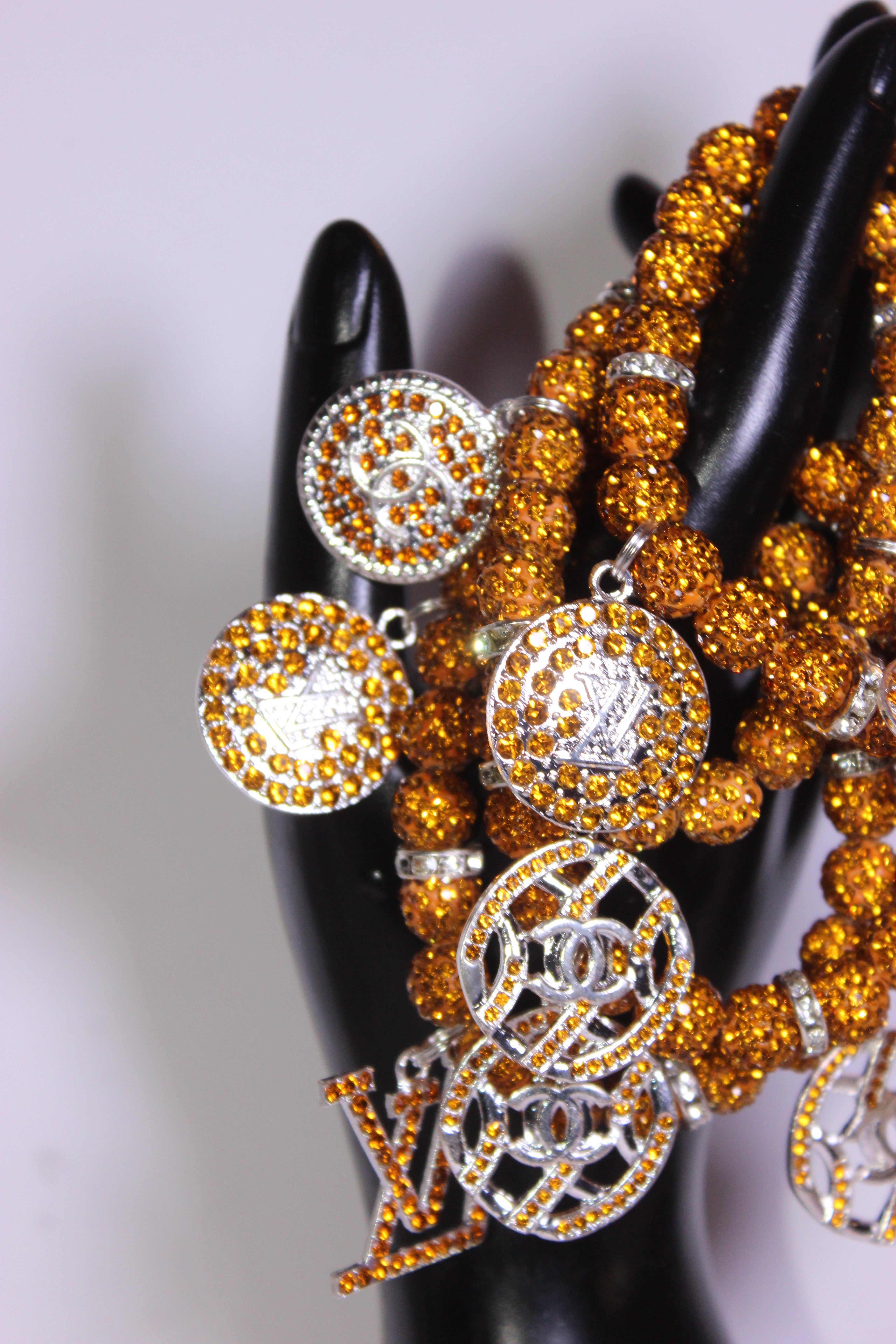 4 Piece Rhinestone Topaz w/ Silver Charm Bracelet Set