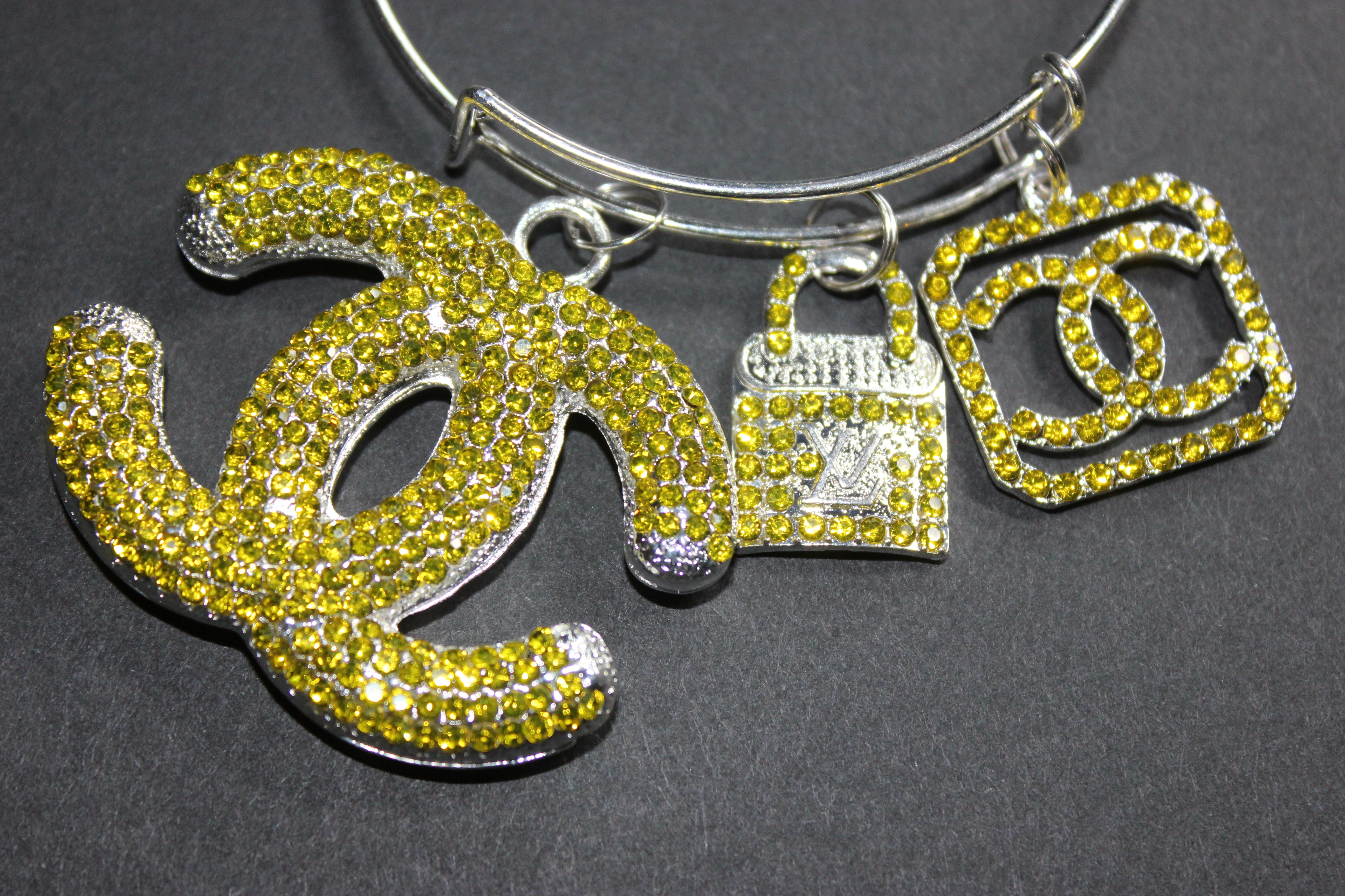 Yellow & Silver Rhinestone Charm Bangle Bracelet