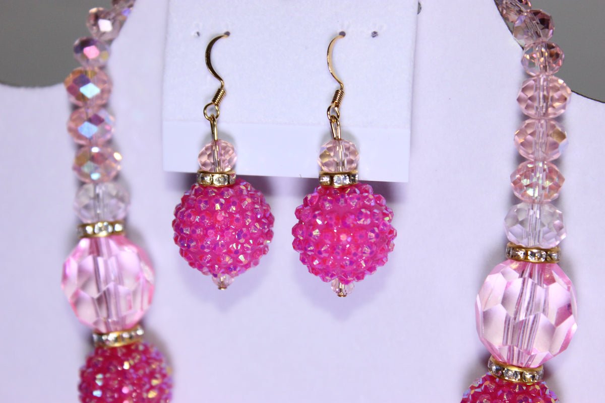 Pink & Gold Rhinestone Charm Necklace & Earrings Set