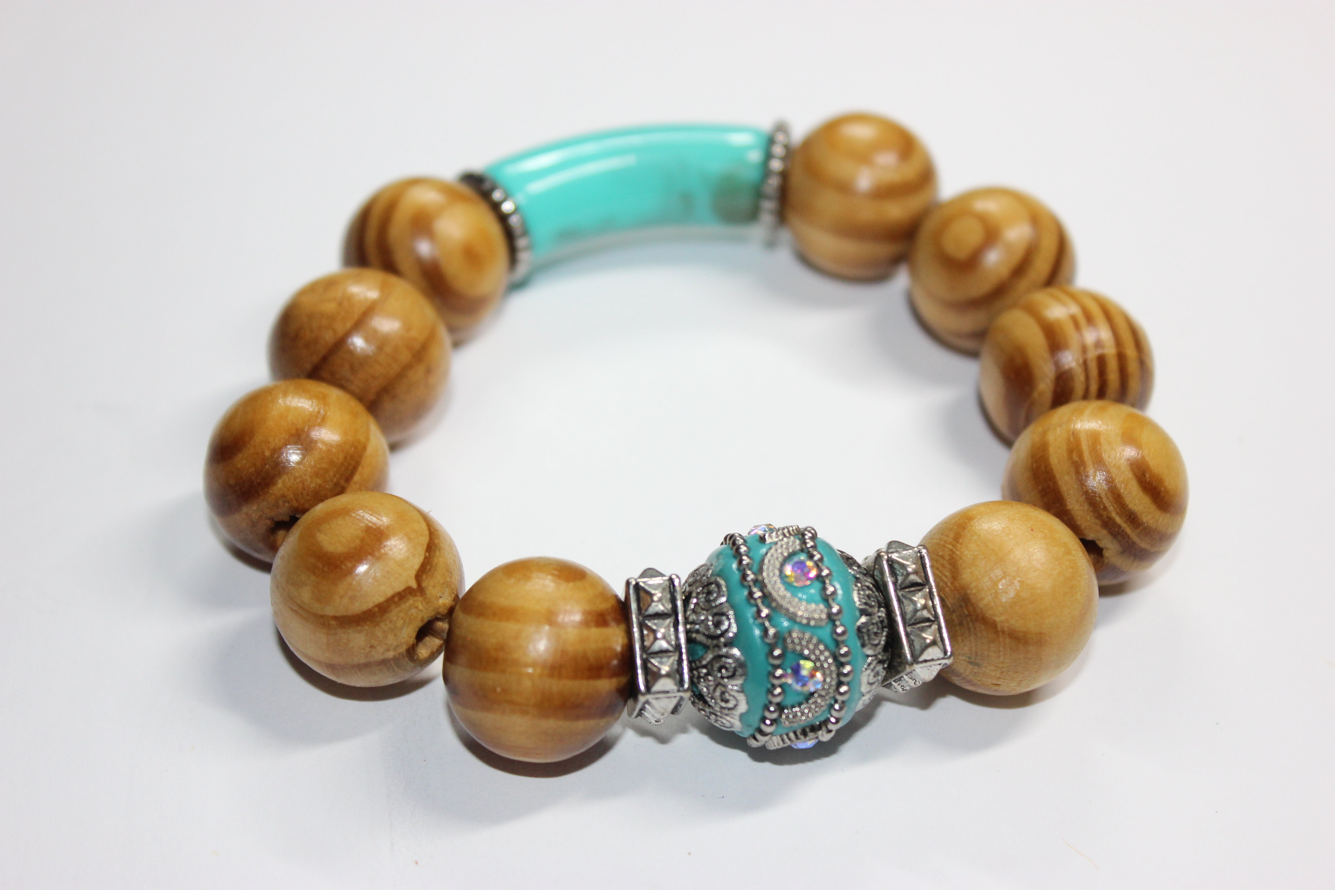 Wood & Turquoise Beaded Bracelet