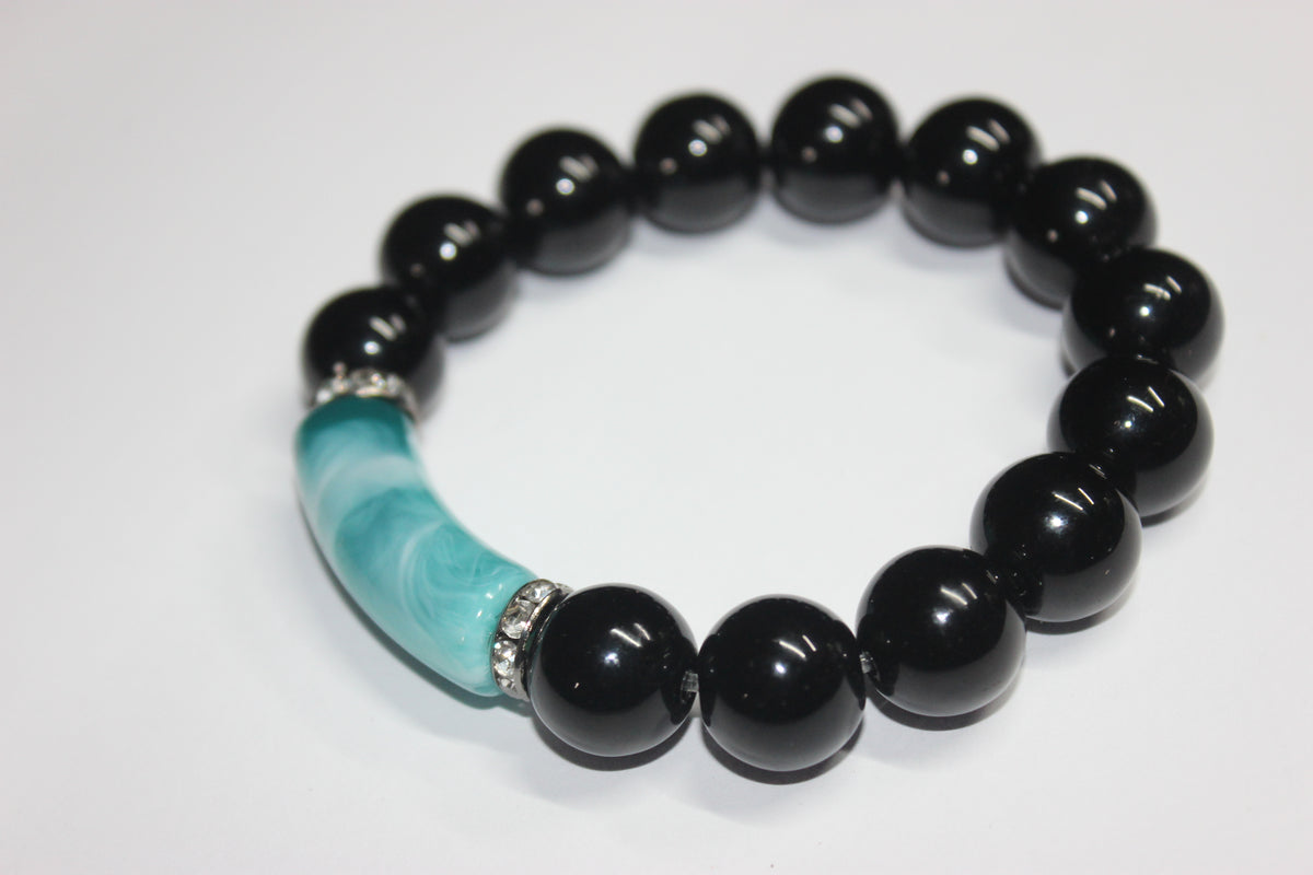 Black & Shades Of Turquoise w/ Silver Beaded Bracelet