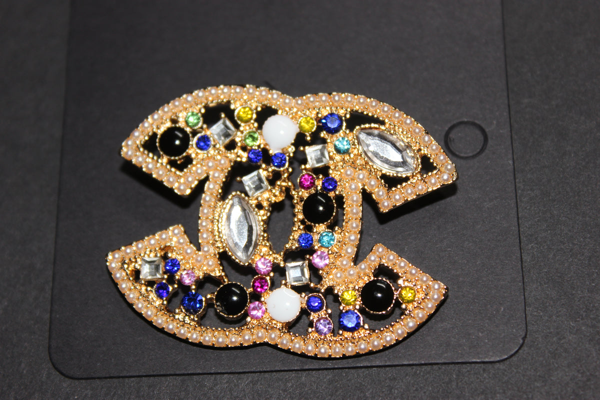 Gold Colorful Rhinestone with Pearl Brooch Pin