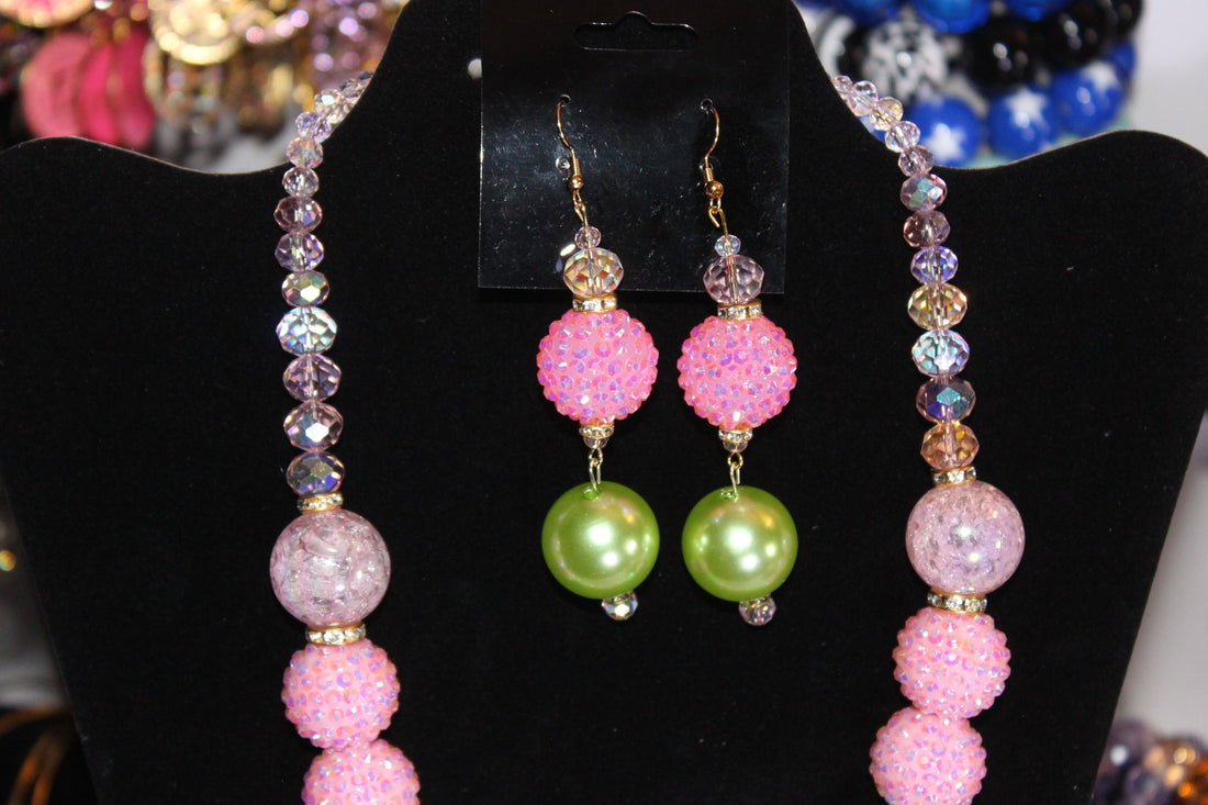 Pink & Green W/ Gold Pearl & Rhinestone Charm Necklace & Earrings Set