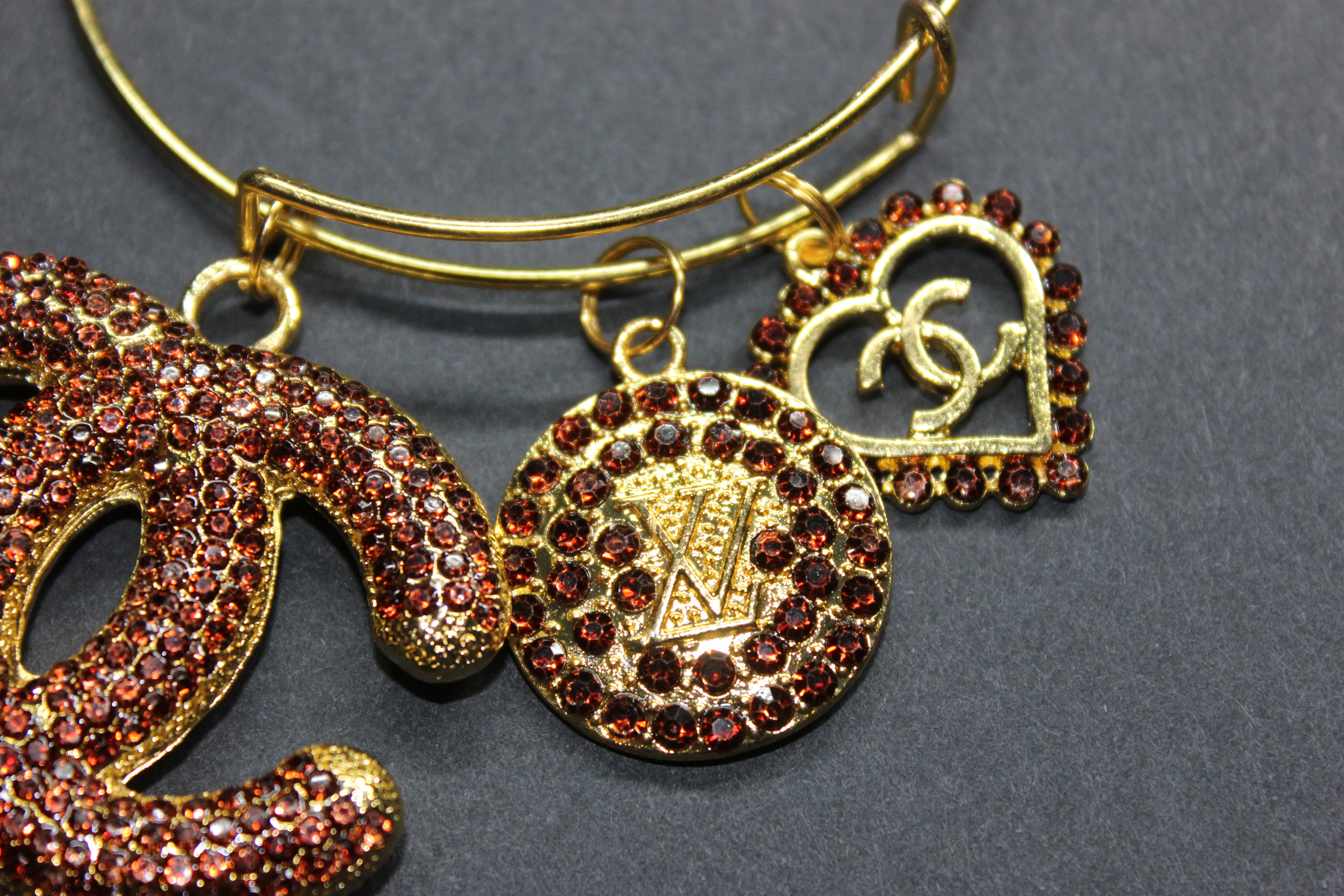 Brown & Gold Rhinestone Charm Bangle Bracelet