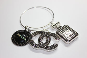 Black & Silver Rhinestone Charm Bangle